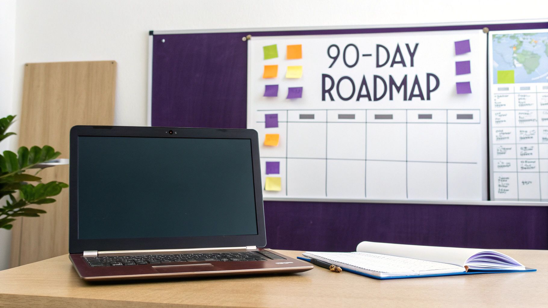 A laptop and open notebook on a wooden desk with a '90-DAY ROADMAP' whiteboard in the background.