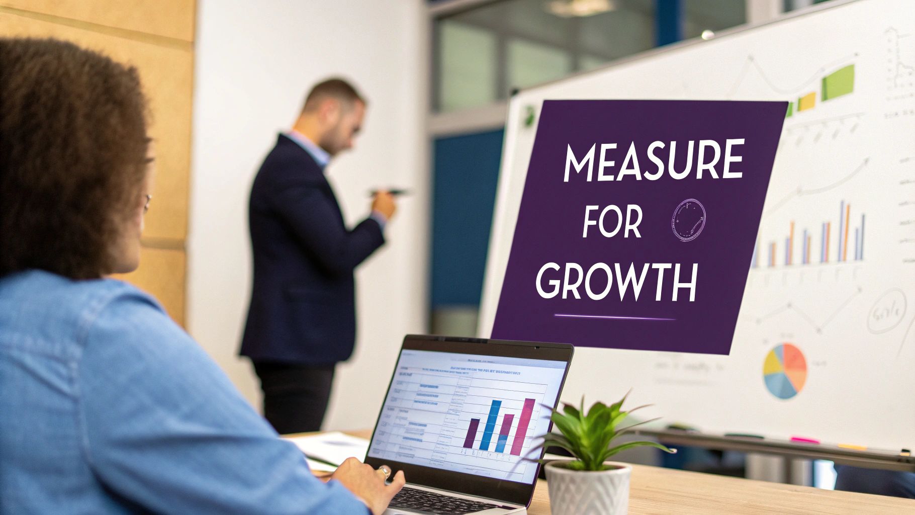 Professionals analyze business growth using a laptop with data charts and a whiteboard.