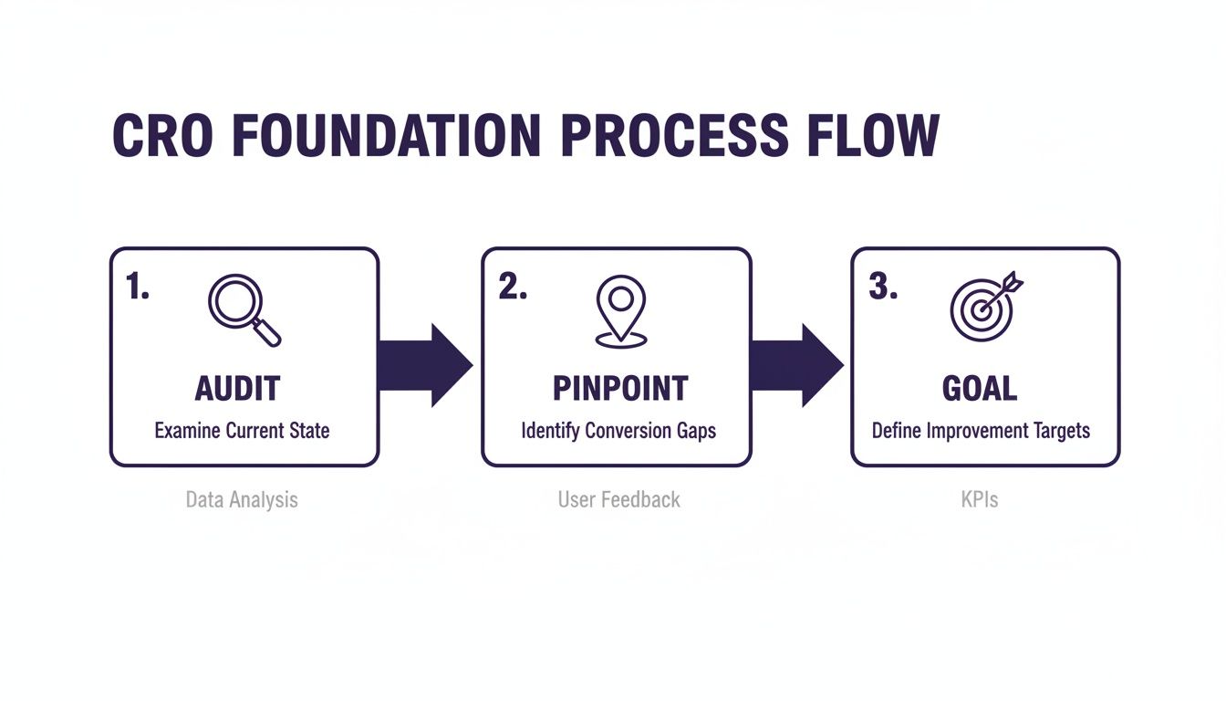 A CRO foundation process flow diagram showing three steps: audit, pinpoint, and goal for conversion rate optimization.