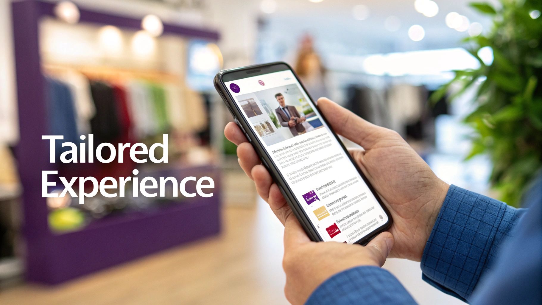 A person holds a smartphone displaying a tailored experience app in a modern clothing store.