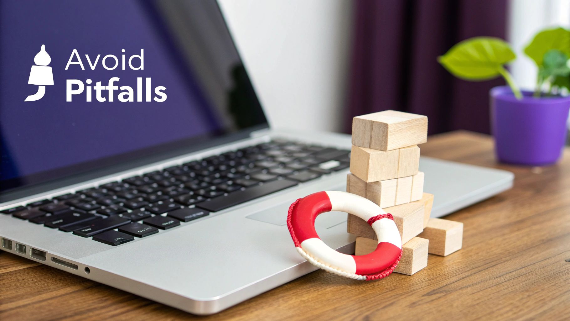 Laptop screen displaying 'Avoid Pitfalls' text and icon, with a lifebuoy and wooden blocks on a desk.