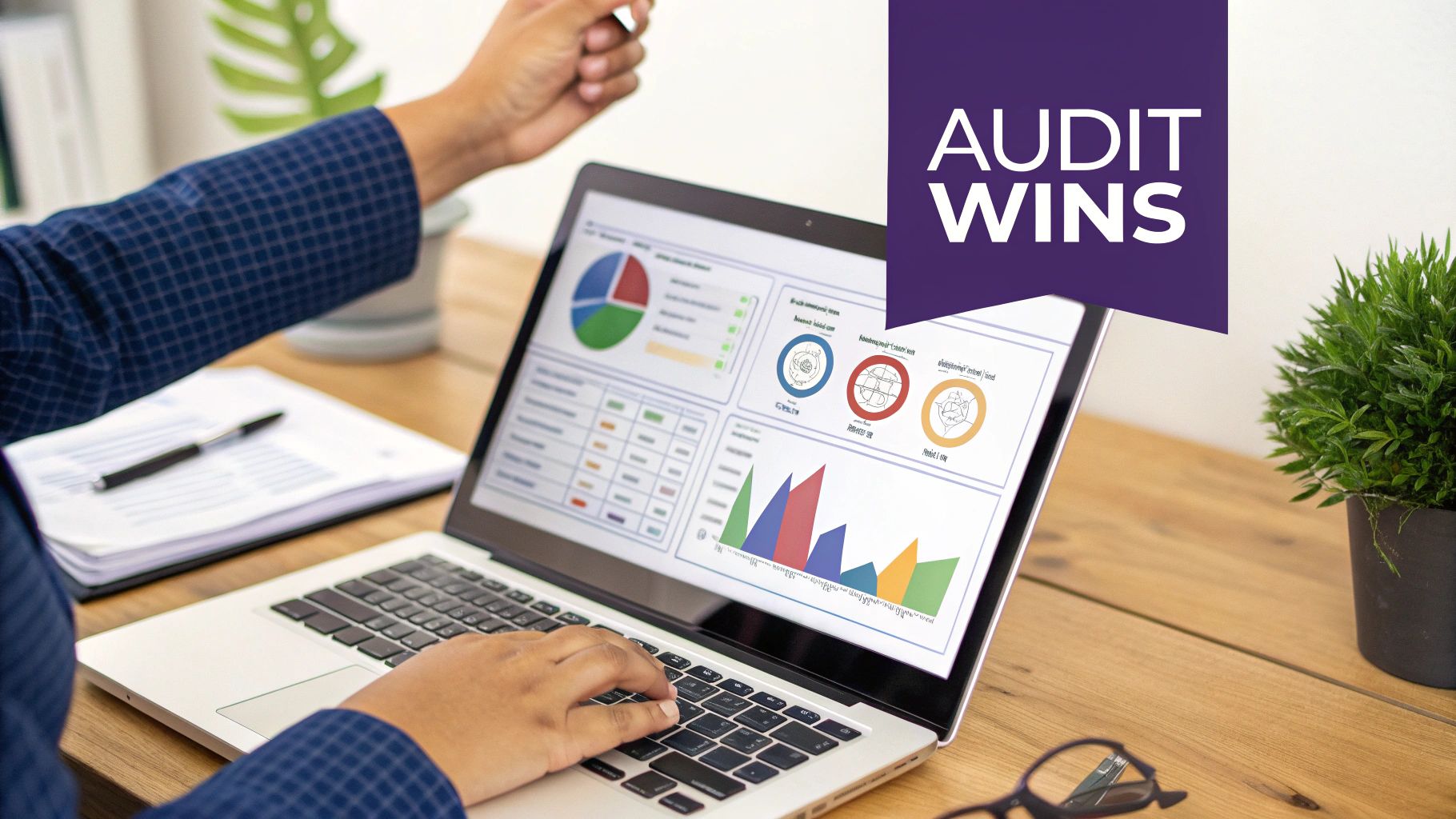 Person analyzes data dashboards with charts and graphs on a laptop, achieving "AUDIT WINS."