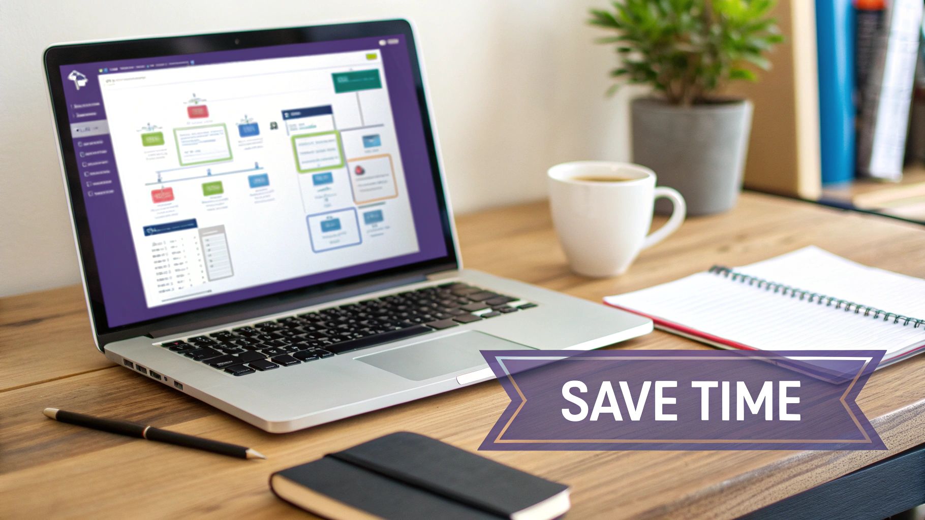 Laptop on a wooden desk displaying a marketing automation workflow diagram, with coffee and a 'SAVE TIME' banner.