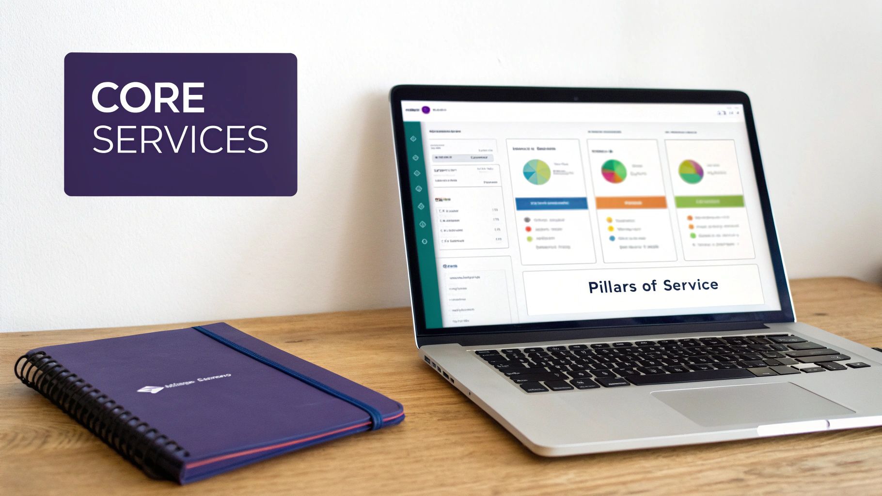 A laptop displaying charts and 'Pillars of Service' alongside a 'CORE SERVICES' sign and a notebook on a desk.