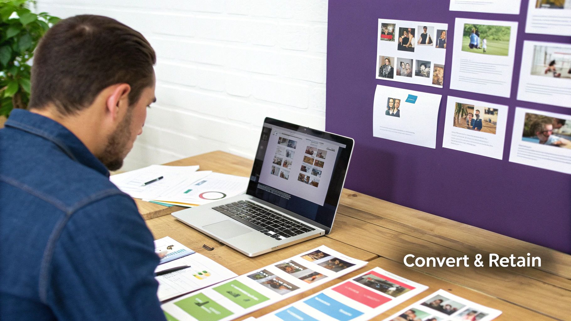 A person plans an ecommerce marketing strategy with a laptop and documents on a wooden desk.