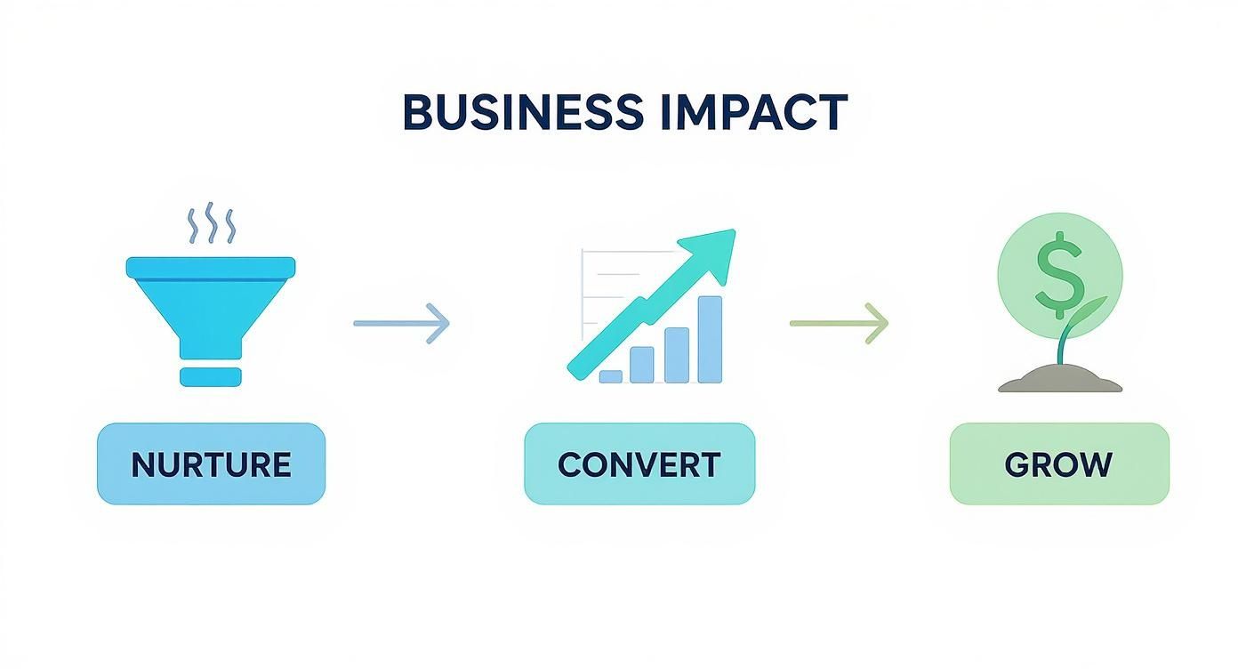 A diagram illustrating business impact, showing steps to nurture, convert, and grow revenue.