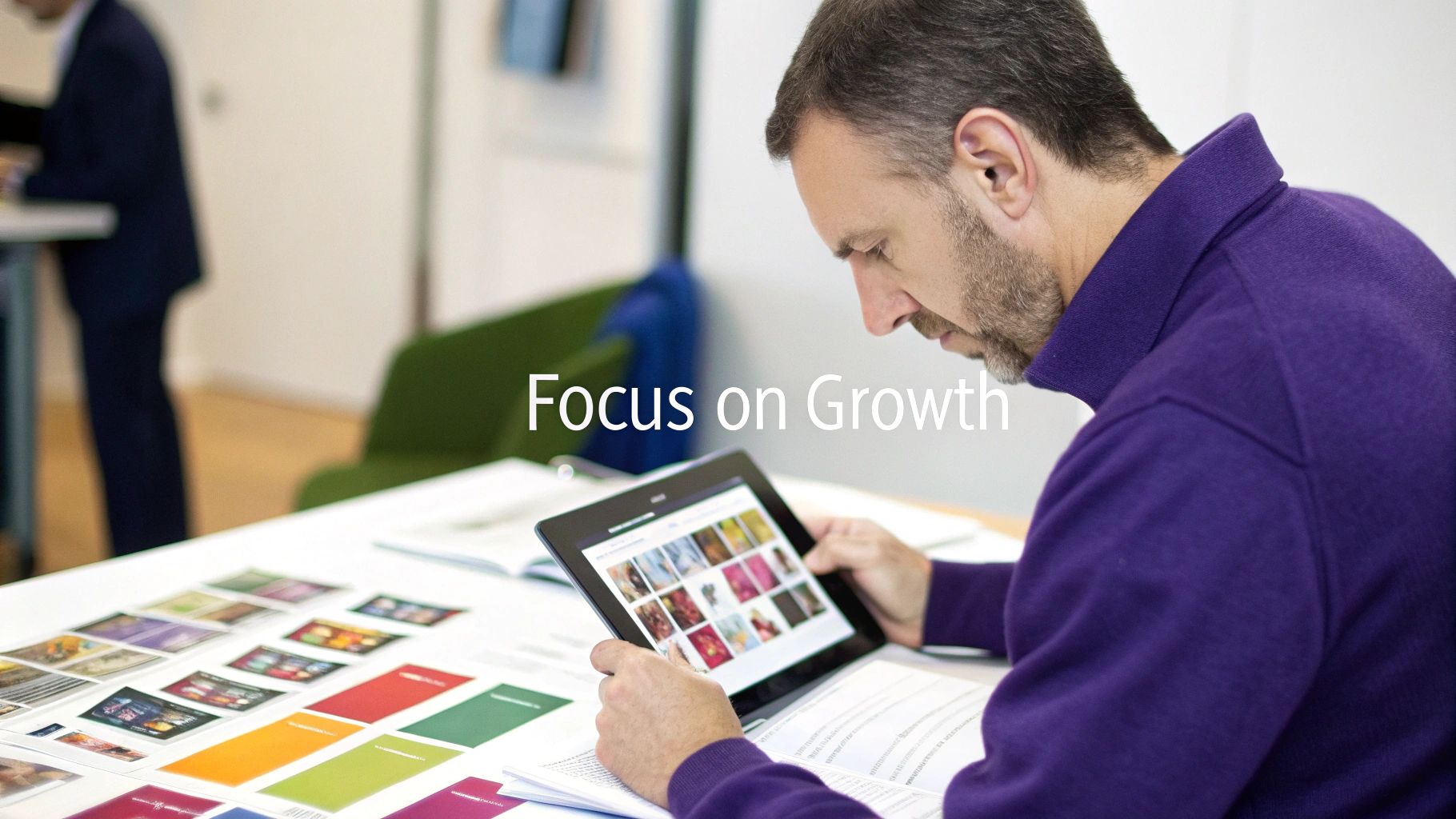 A man in a purple shirt reviews a tablet displaying multiple images, with documents on a desk.