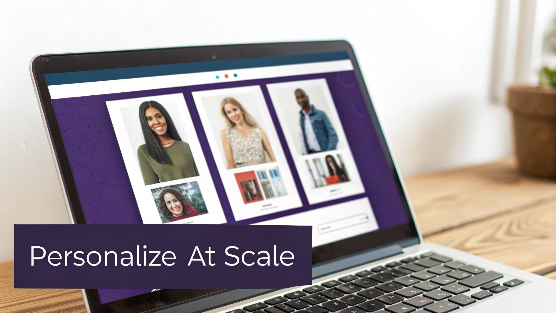 A laptop displaying a web page with diverse user profiles and the text 'Personalize At Scale'.