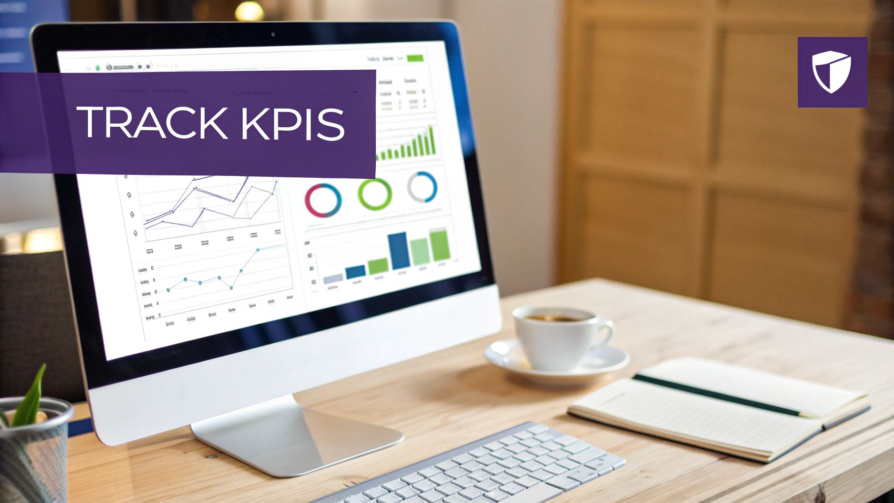 A computer screen displays charts and graphs with 'TRACK KPIS' banner in a modern office.