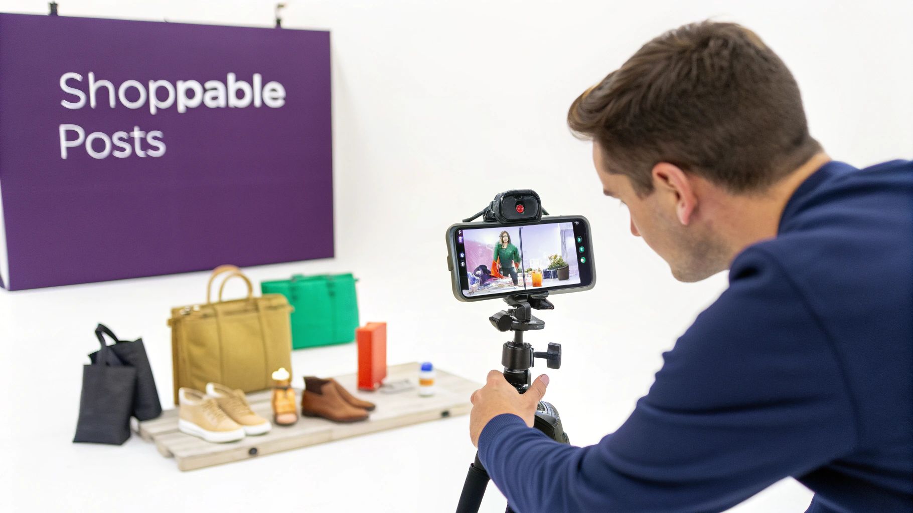 Man filming a 'Shoppable Posts' video with products like bags and shoes for e-commerce.