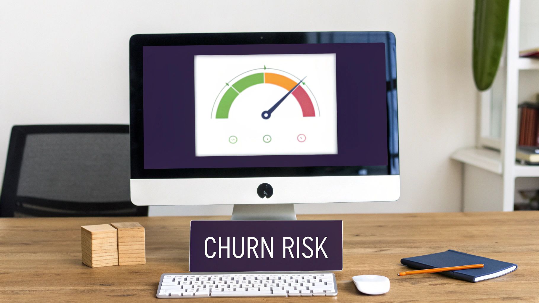 A computer screen displays a churn risk gauge pointing to a high-risk zone, with a 'CHURN RISK' sign.