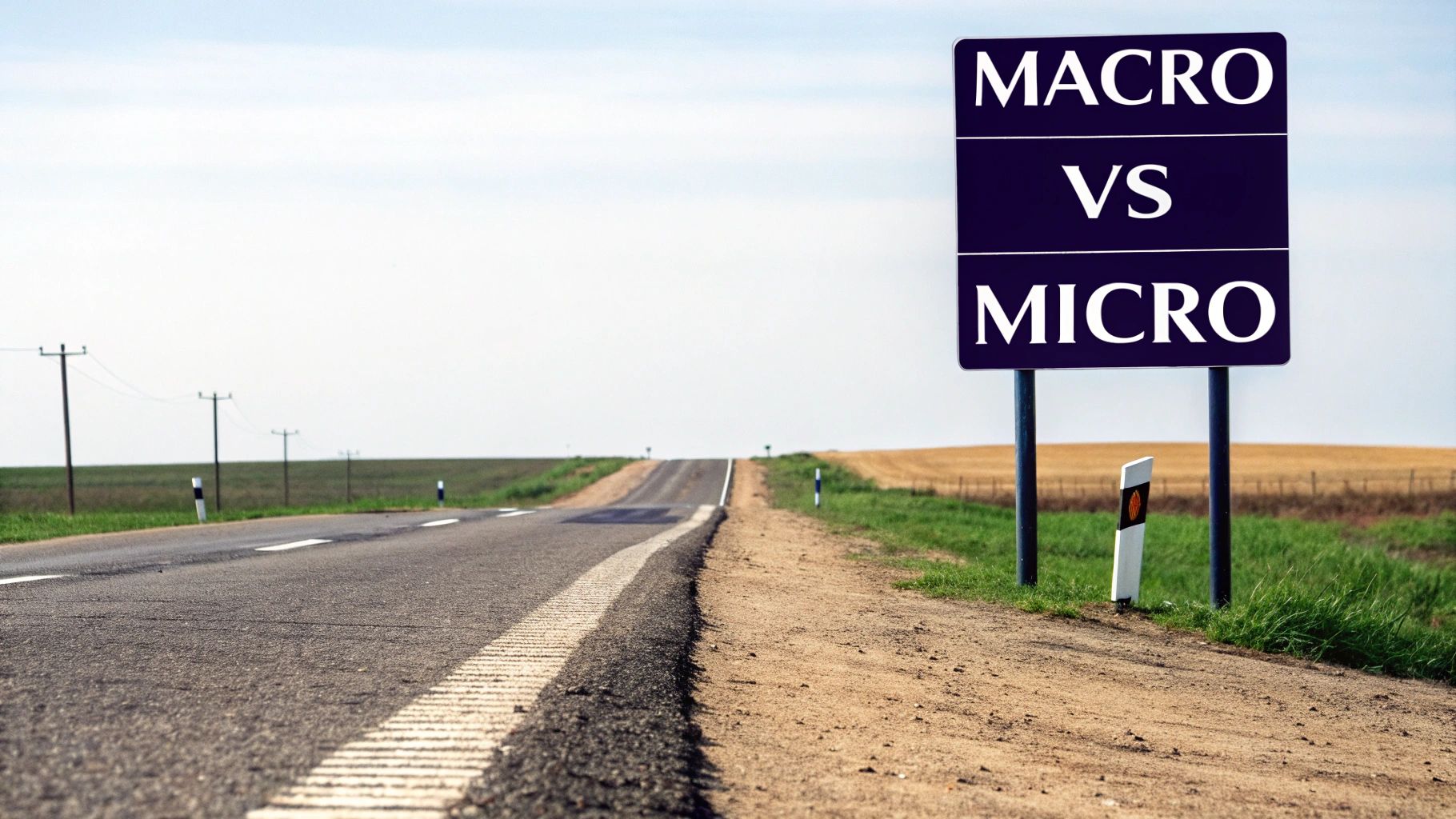 A road sign on a rural road displays 'MACRO VS MICRO' under a clear sky.