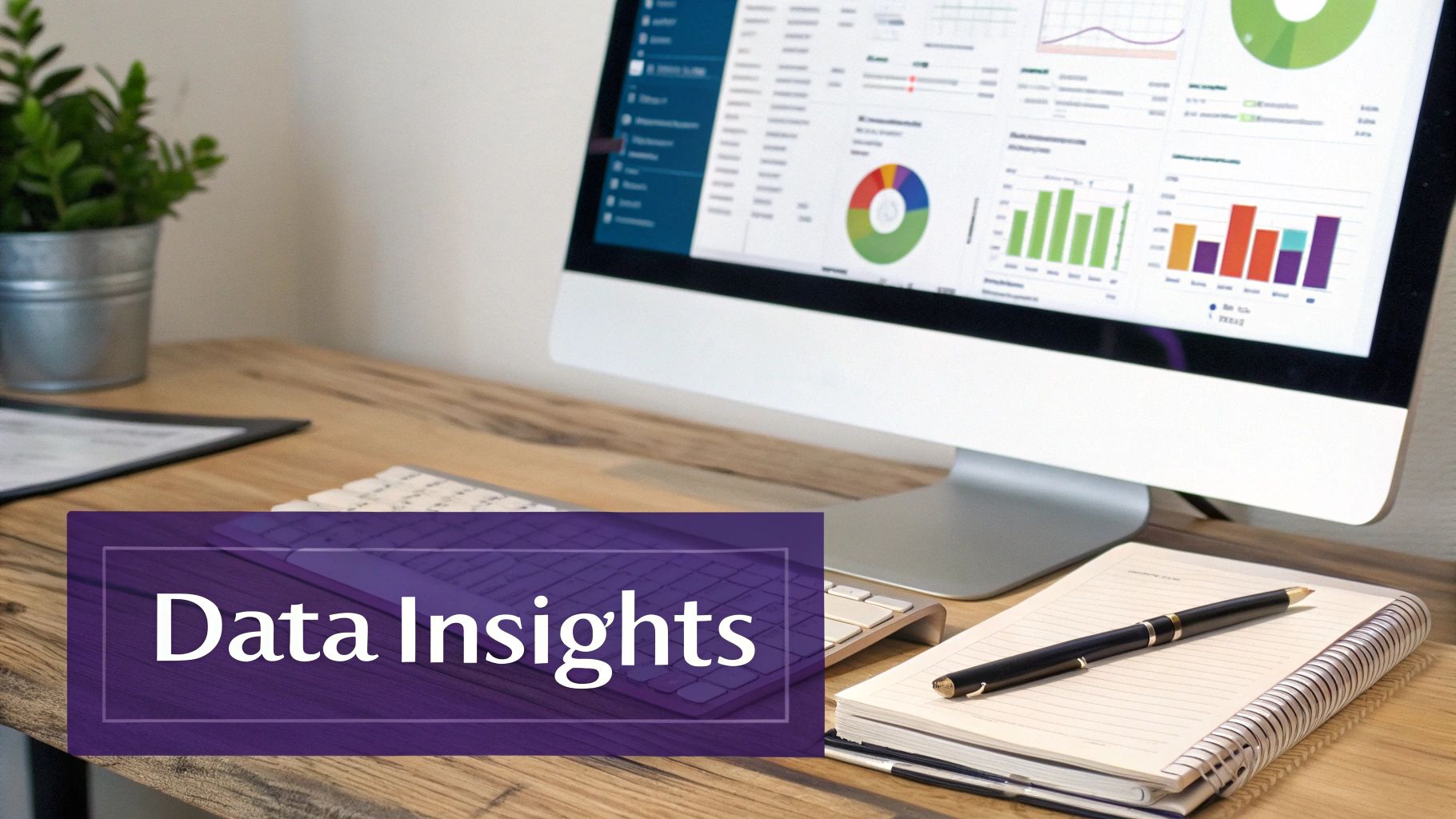 A desk setup with a computer displaying data insights, charts, and graphs, alongside a notebook and plant.