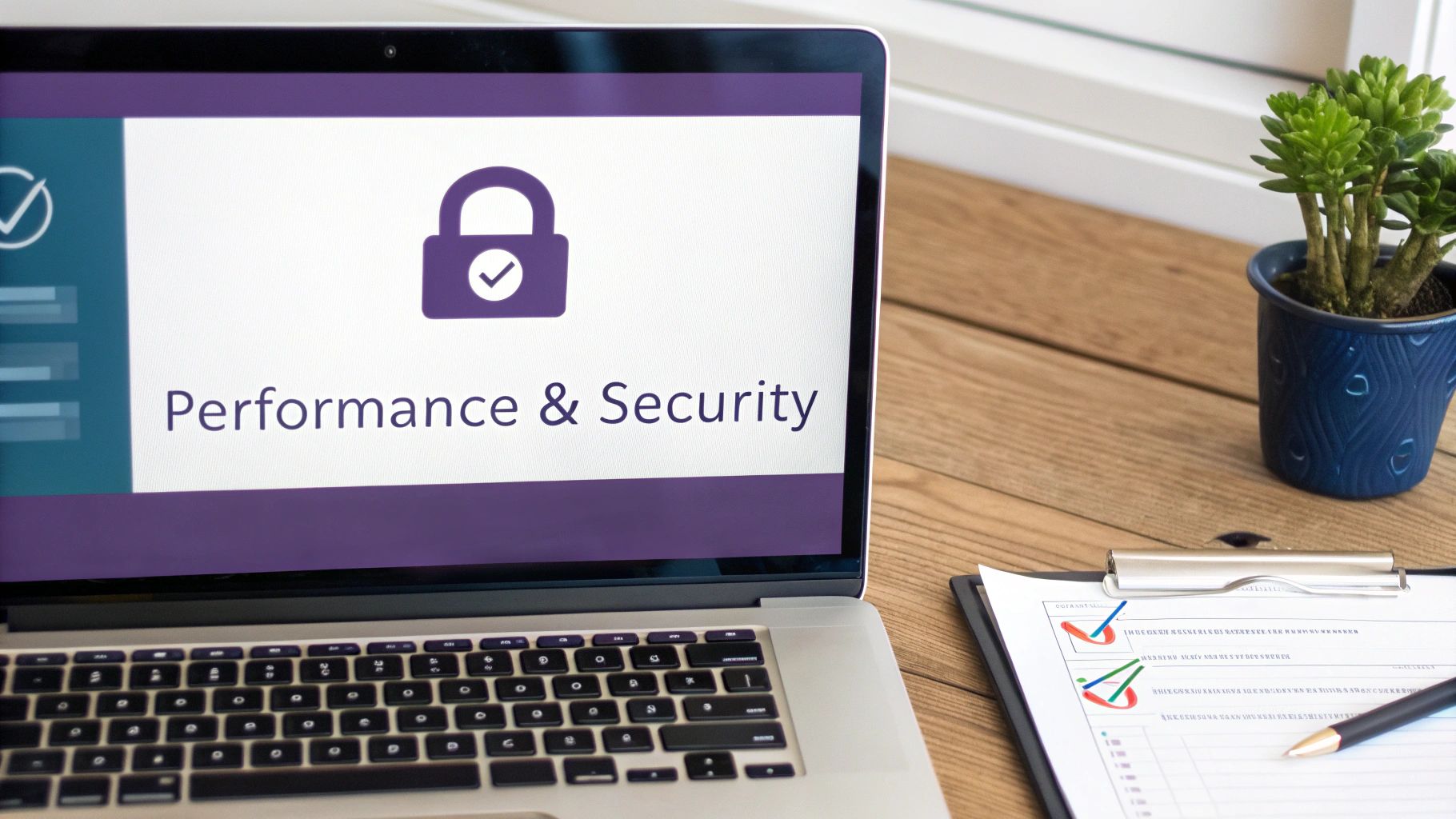 A laptop screen displays 'Performance & Security' with a padlock icon on a wooden desk.