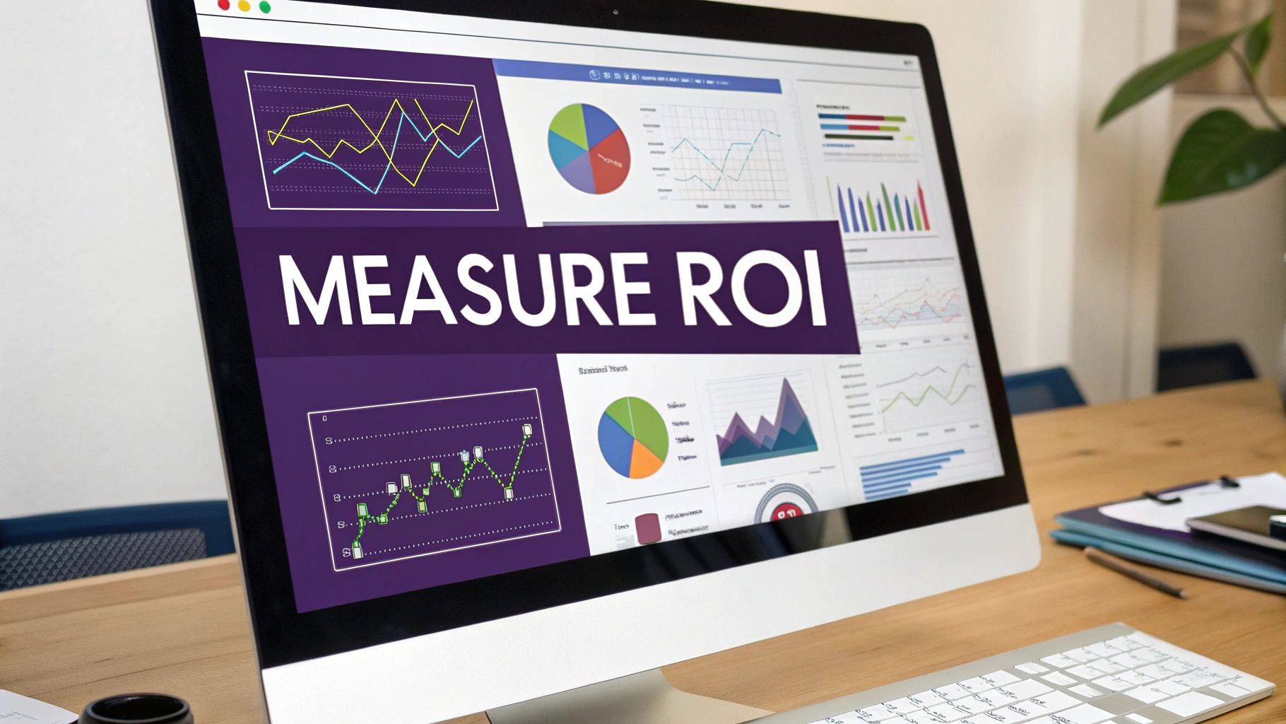 A dashboard on a tablet showing various marketing metrics and charts, illustrating the measurement of success.