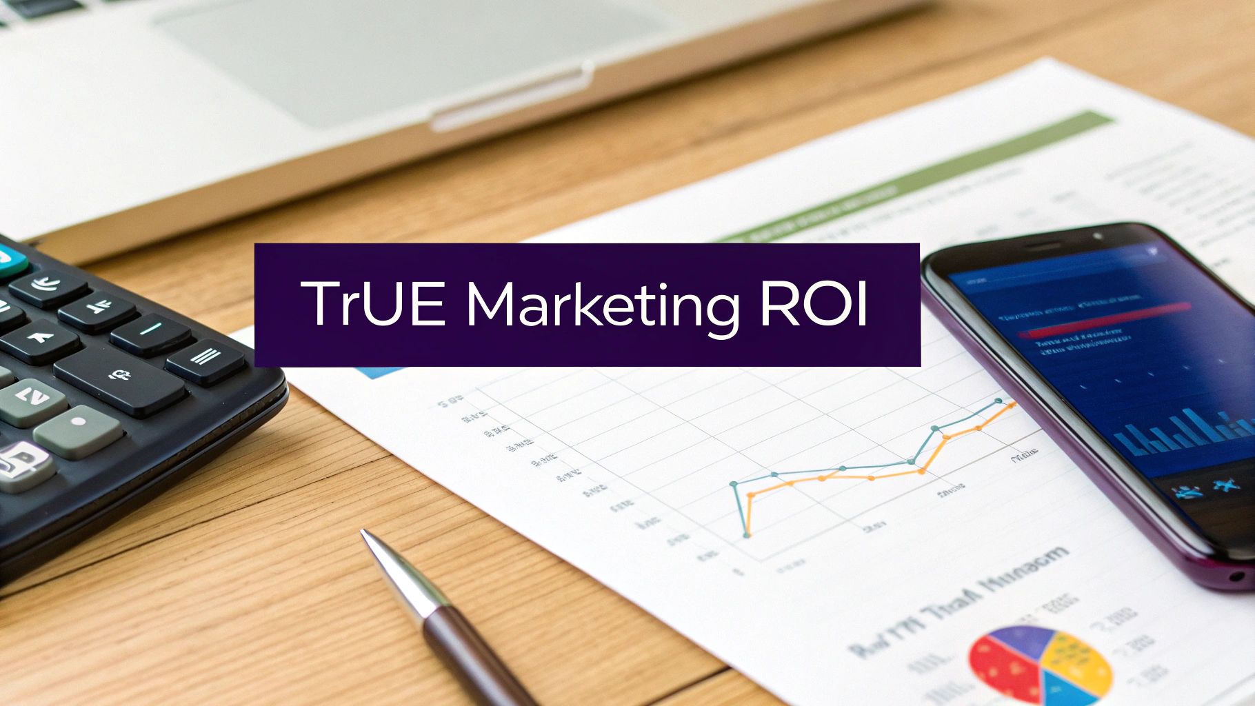 A desk with a calculator, smartphone, and documents, highlighting 'TrUE Marketing ROI' for business analysis.