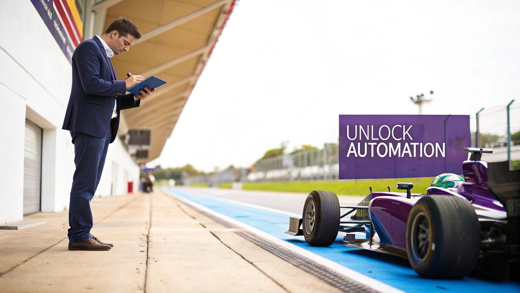 Professional in a suit writing on a tablet next to a purple racing car, with "UNLOCK AUTOMATION" overlay.