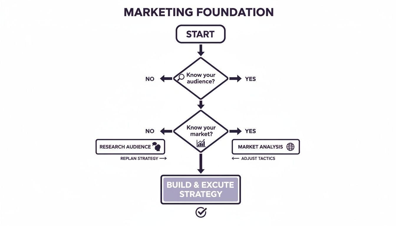 A marketing foundation flowchart showing steps for audience and market analysis leading to strategy.