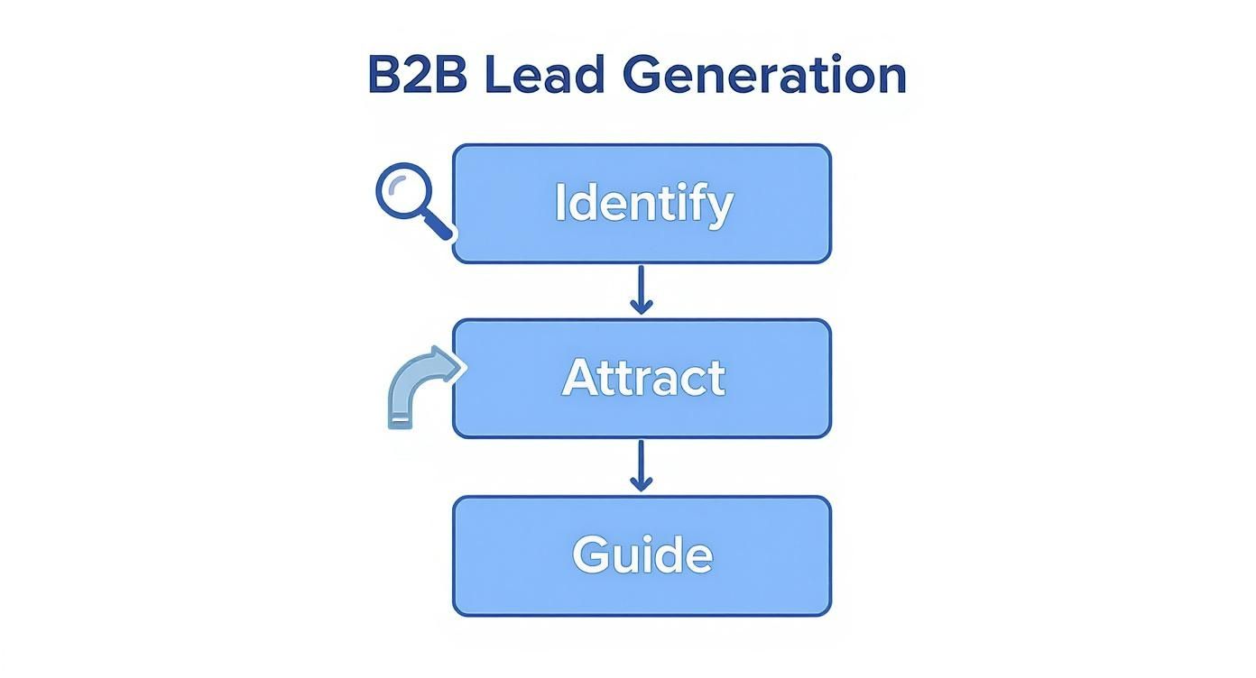 B2B lead generation process flowchart showing three stages: identify, attract, and guide with icons