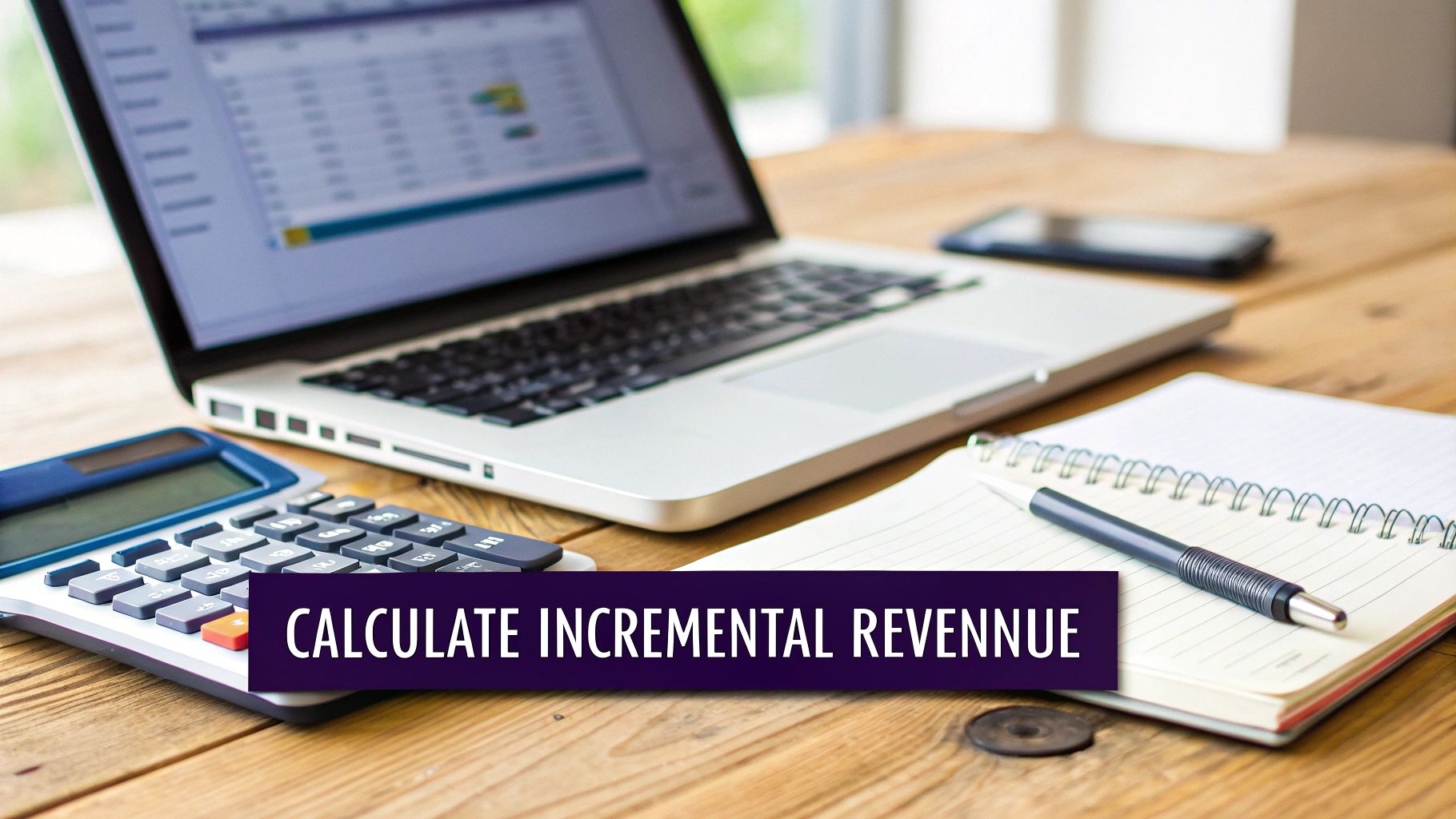 A calculator, laptop with a spreadsheet, notebook, and pen on a wooden desk for financial analysis.