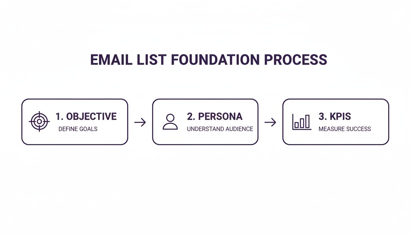 A flowchart showing the email list foundation process with three steps: Objective, Persona, and KPIs.