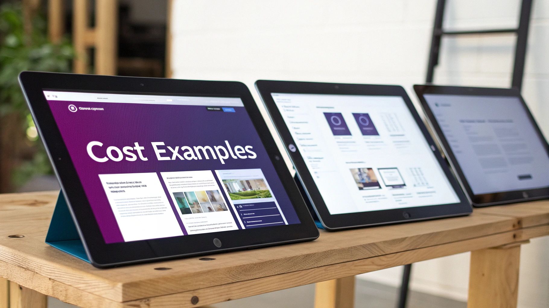 Three tablets on a wooden table, the front one displaying a 'Cost Examples' web page.
