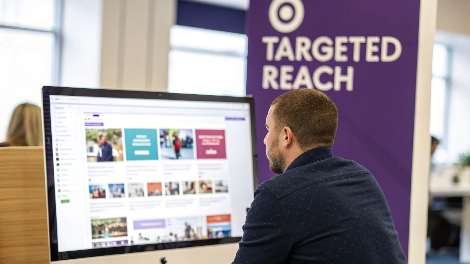 A man views a computer screen with a grid of images, next to a 'TARGETED REACH' banner.