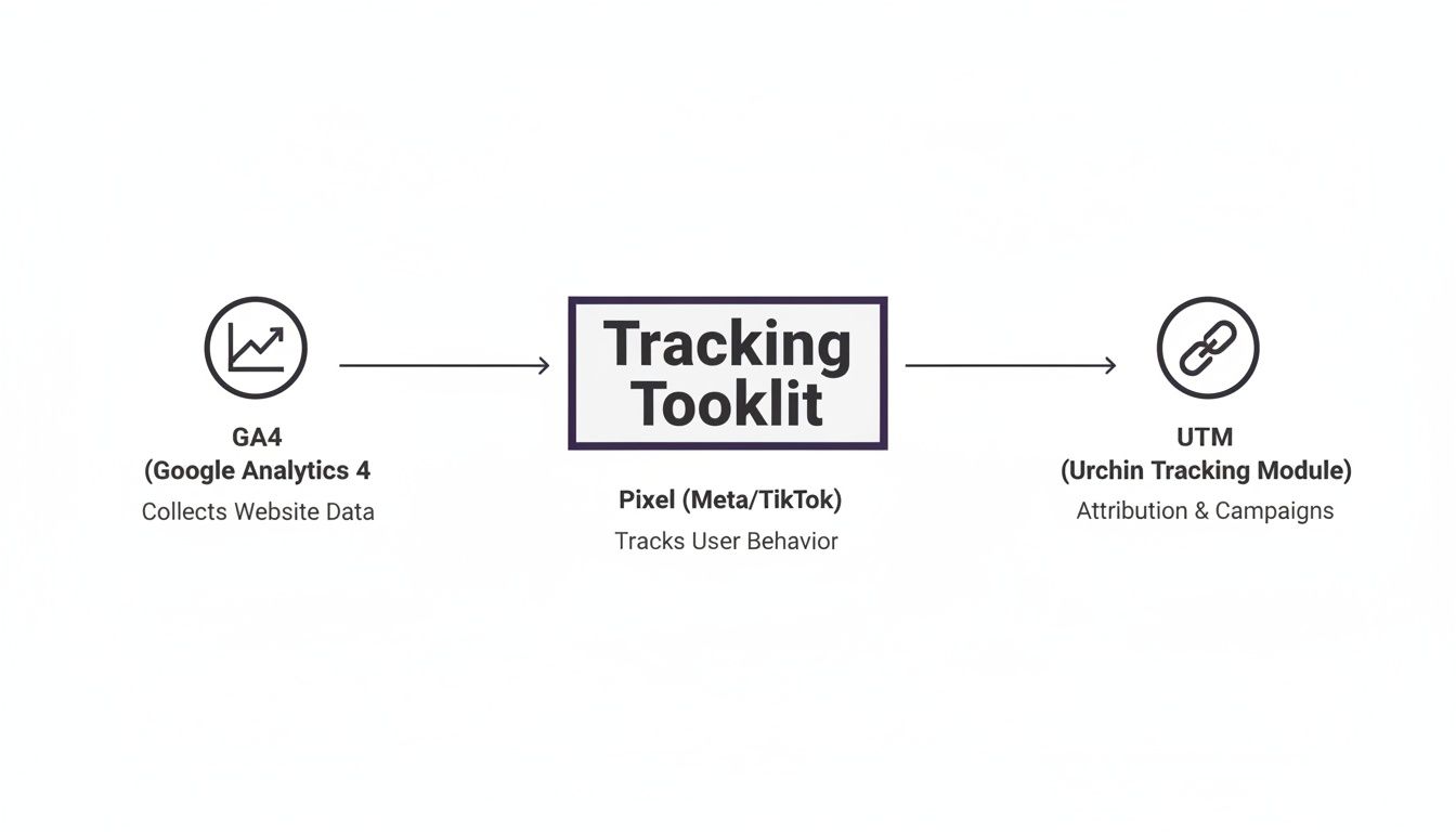 Flowchart detailing digital marketing tracking with GA4, Tracking Toolkit (Meta/TikTok Pixel), and UTM.