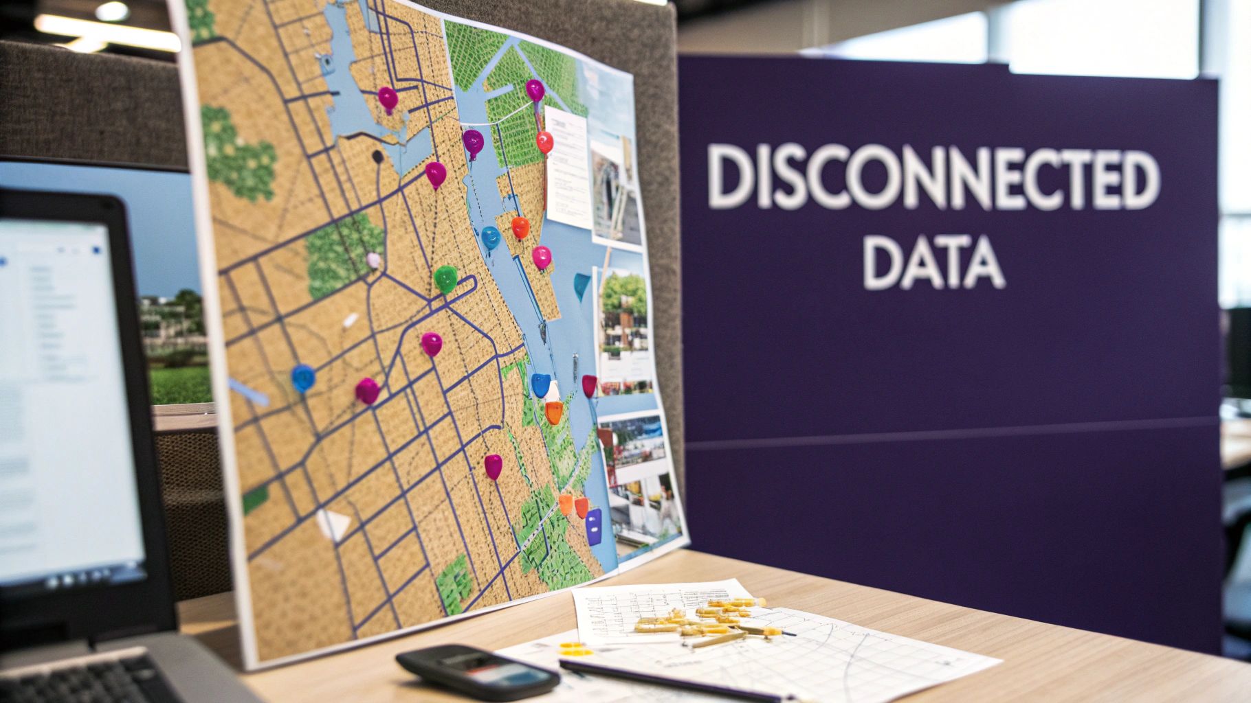A person looking at a complex web of disconnected data points, representing the challenge of scattered marketing data.