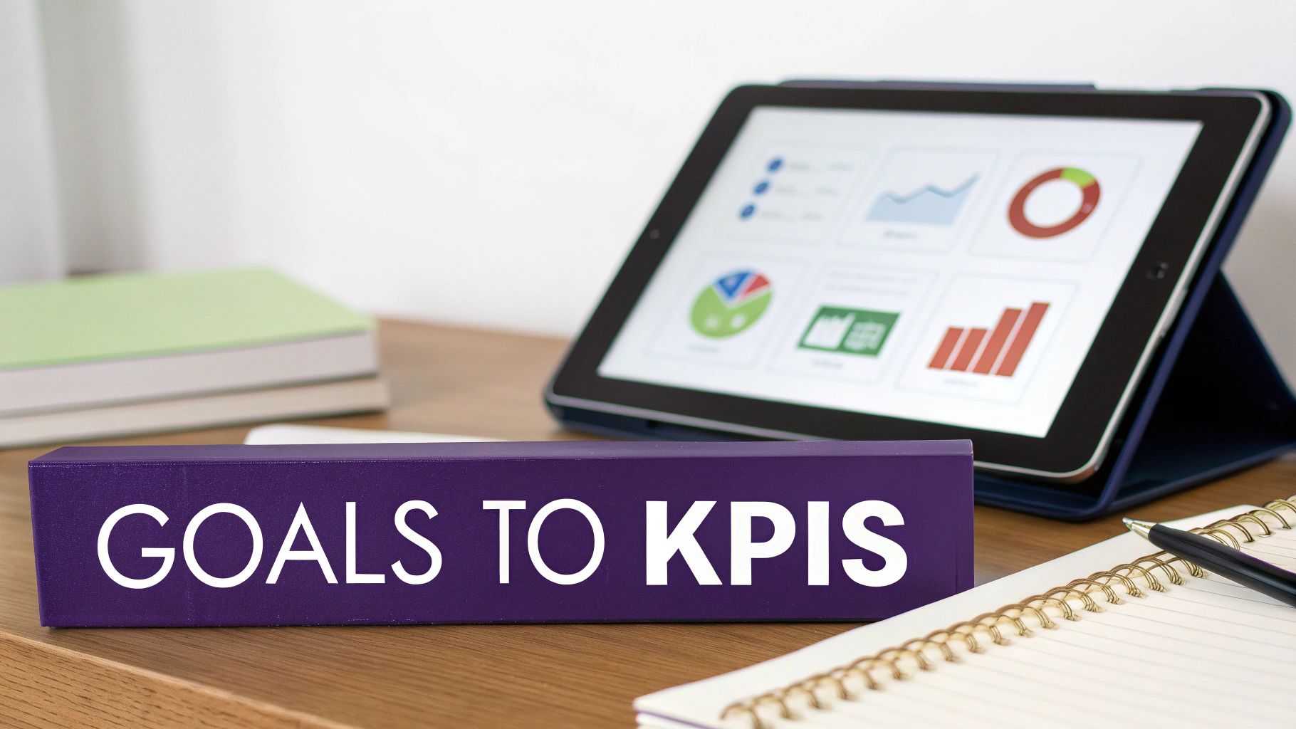 A purple box labeled 'GOALS TO KPIS' sits on a desk with a tablet showing charts.