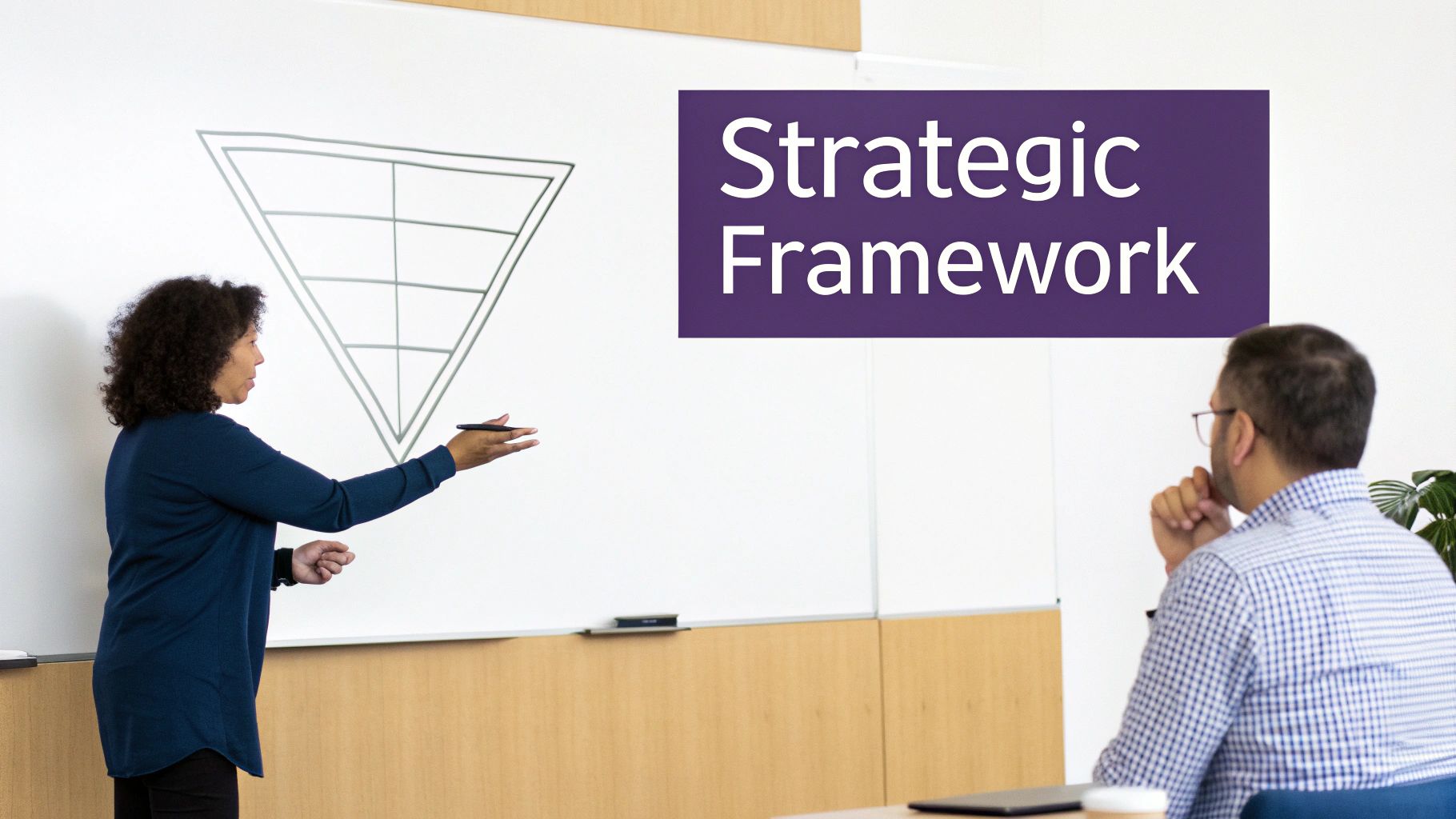 A woman explains an inverted pyramid strategic framework on a whiteboard to an attentive man.