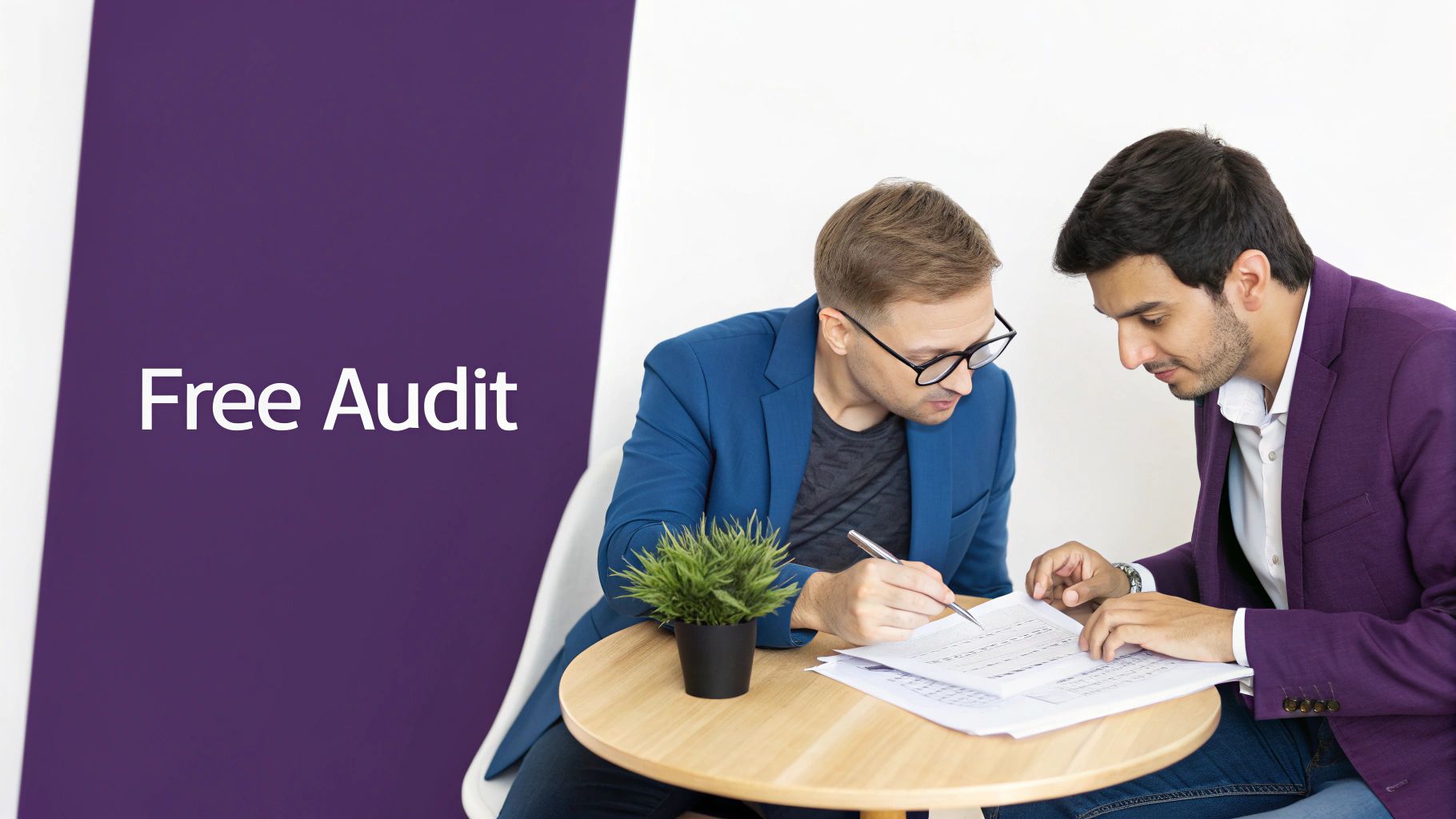 Two men discussing documents at a table, with 'Free Audit' text on a purple background.