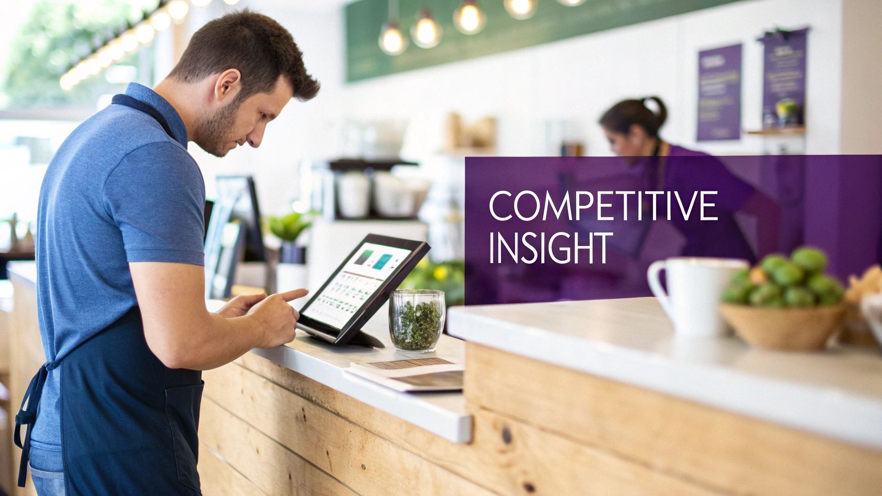 Cafe owner reviews competitive insight data on a tablet in a modern coffee shop.