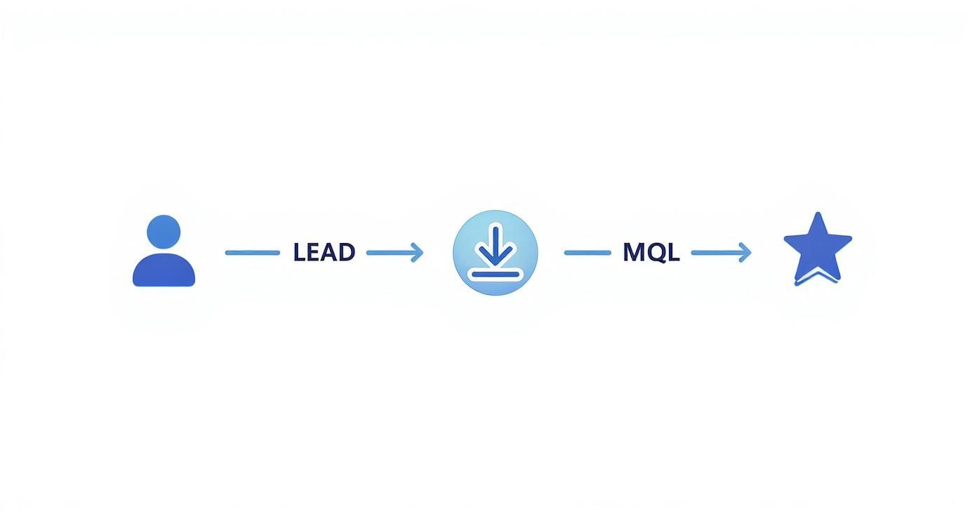A blue flowchart illustrating a marketing lead's journey from user to MQL through a download action.