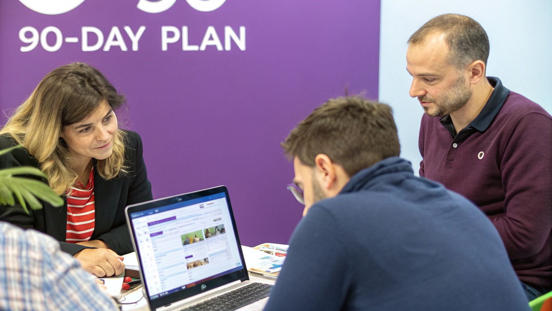 Professionals discussing a 90-day plan, focused on a laptop screen in an office.