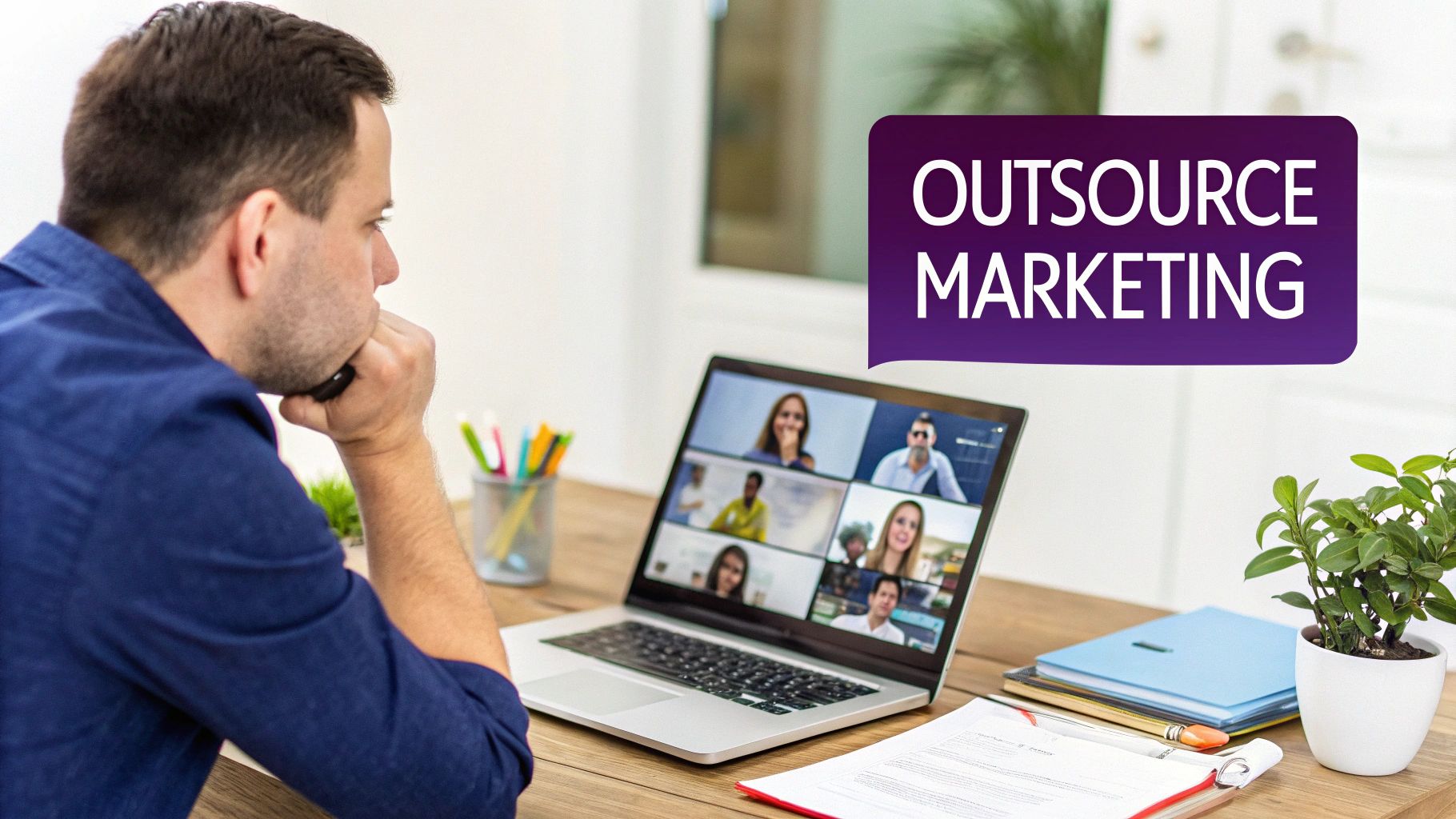 A man looking at a laptop displaying a video conference call, with an 'OUTSOURCE MARKETING' text overlay.
