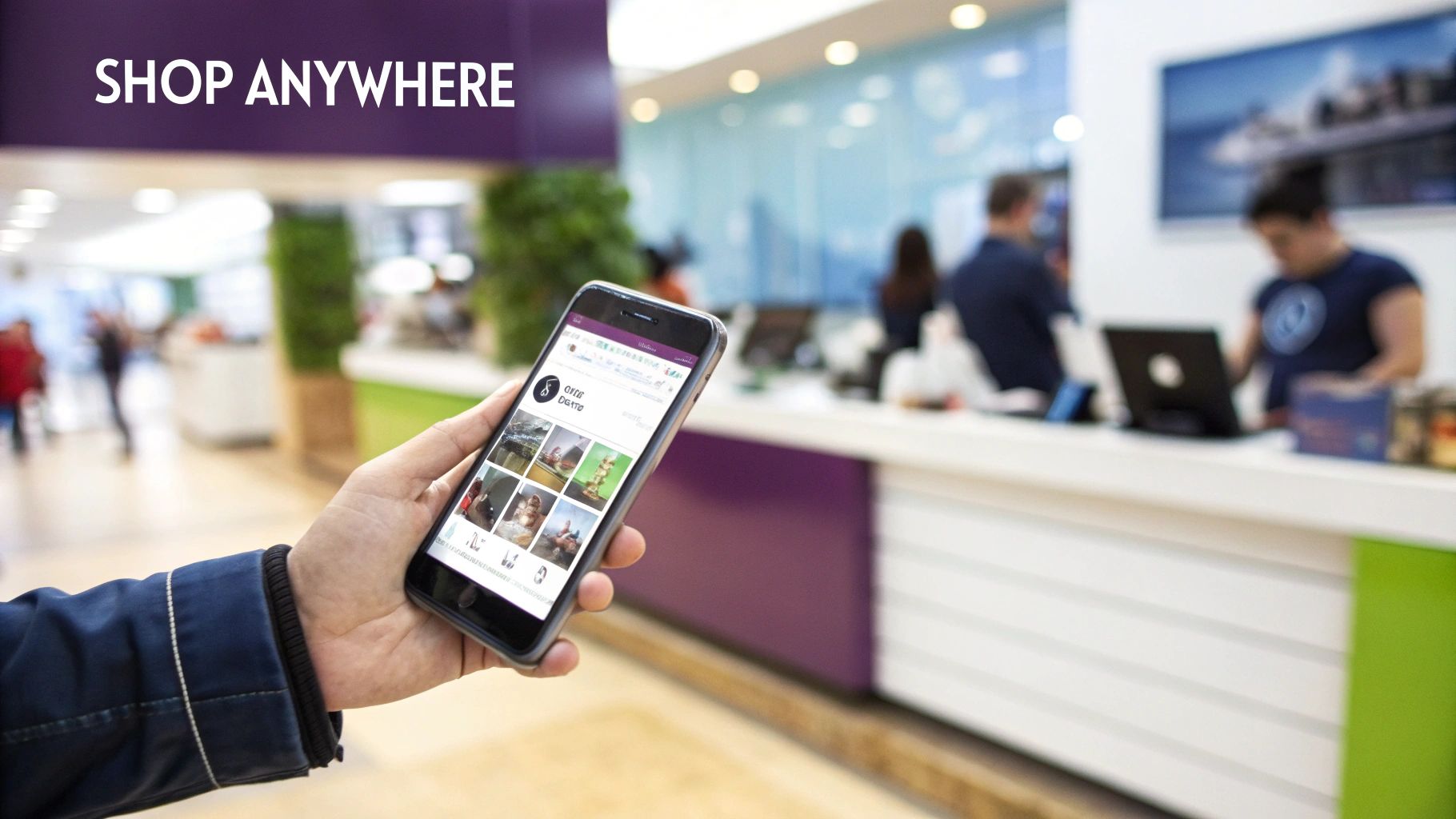 A person using their smartphone to browse shoppable posts on a social media app, with products seamlessly integrated into the feed.