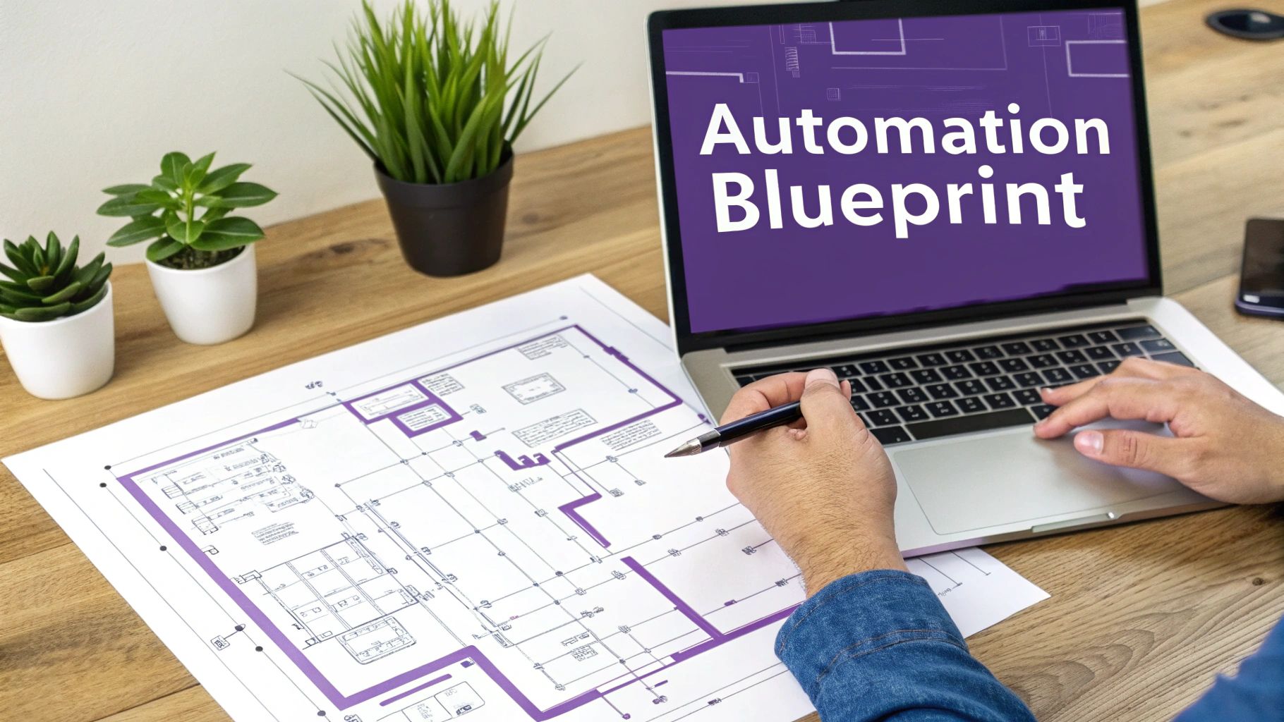 A person's hands work on a laptop displaying 'Automation Blueprint' and a building plan.