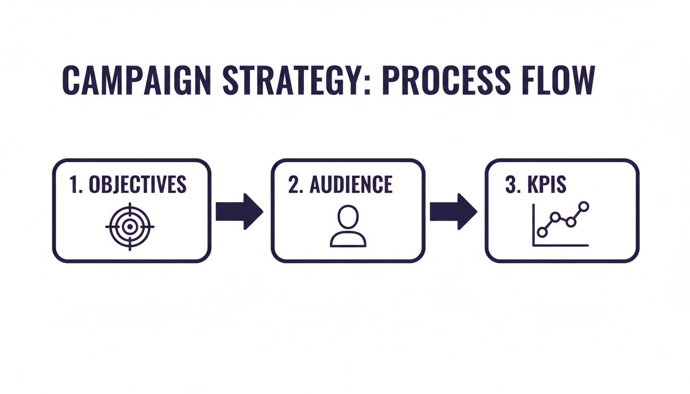 A three-step campaign strategy process flow with objectives, audience, and KPIs.