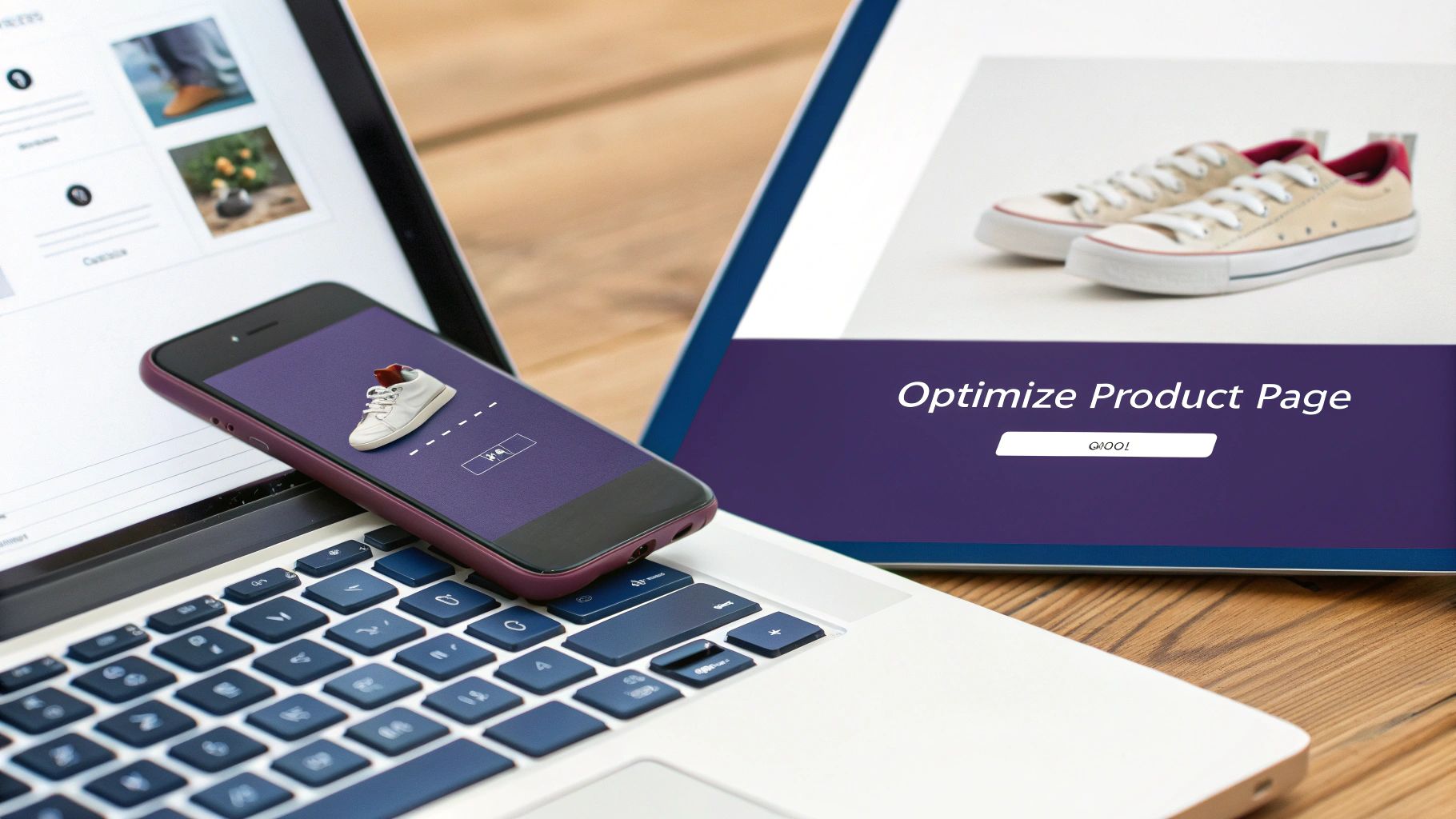 Laptop, smartphone, and tablet showing e-commerce product pages and strategies to optimize online sales.