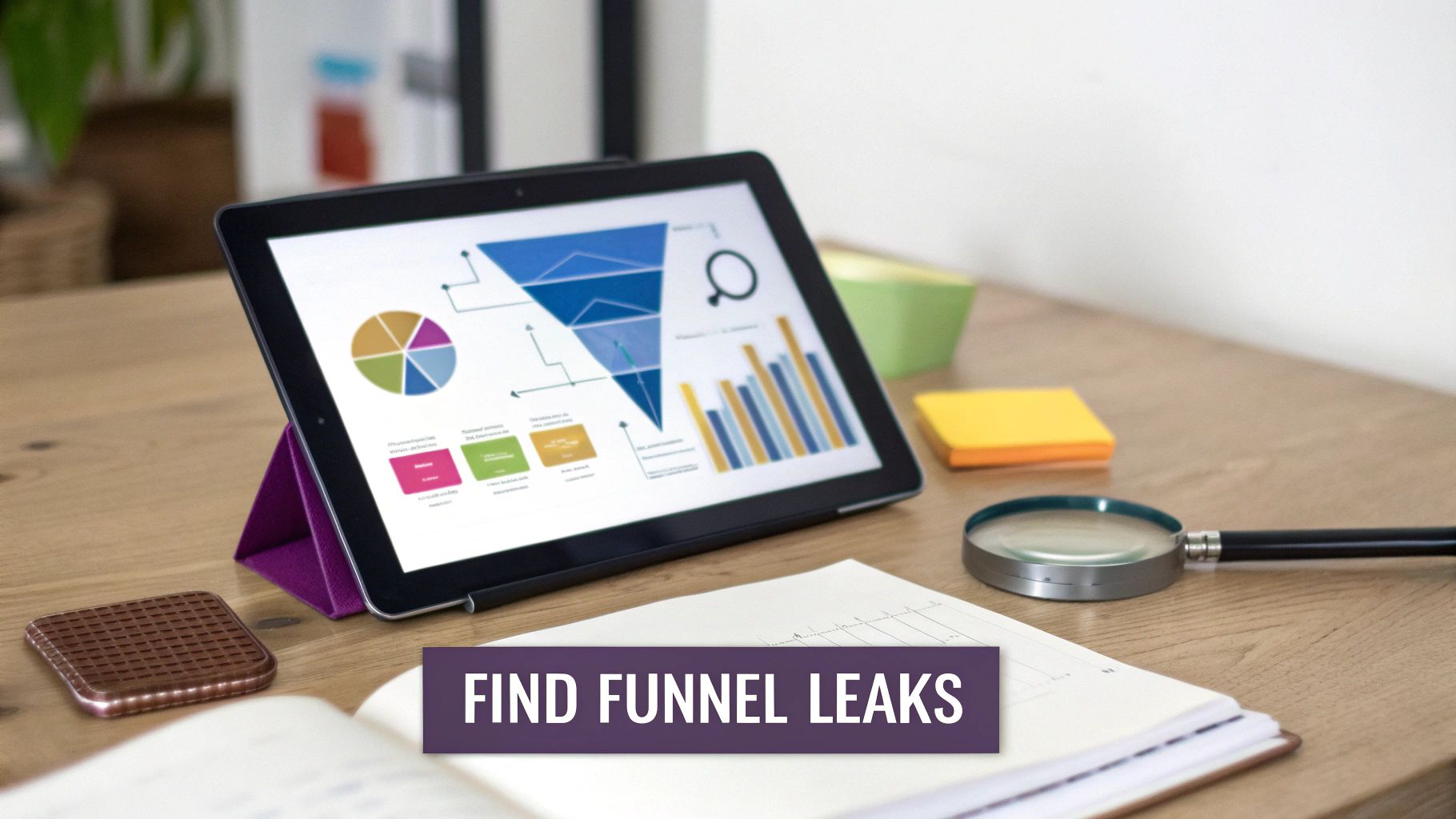 A tablet displays sales funnel data and graphs on a desk with a magnifying glass and notebook, highlighting 'FIND FUNNEL LEAKS'.