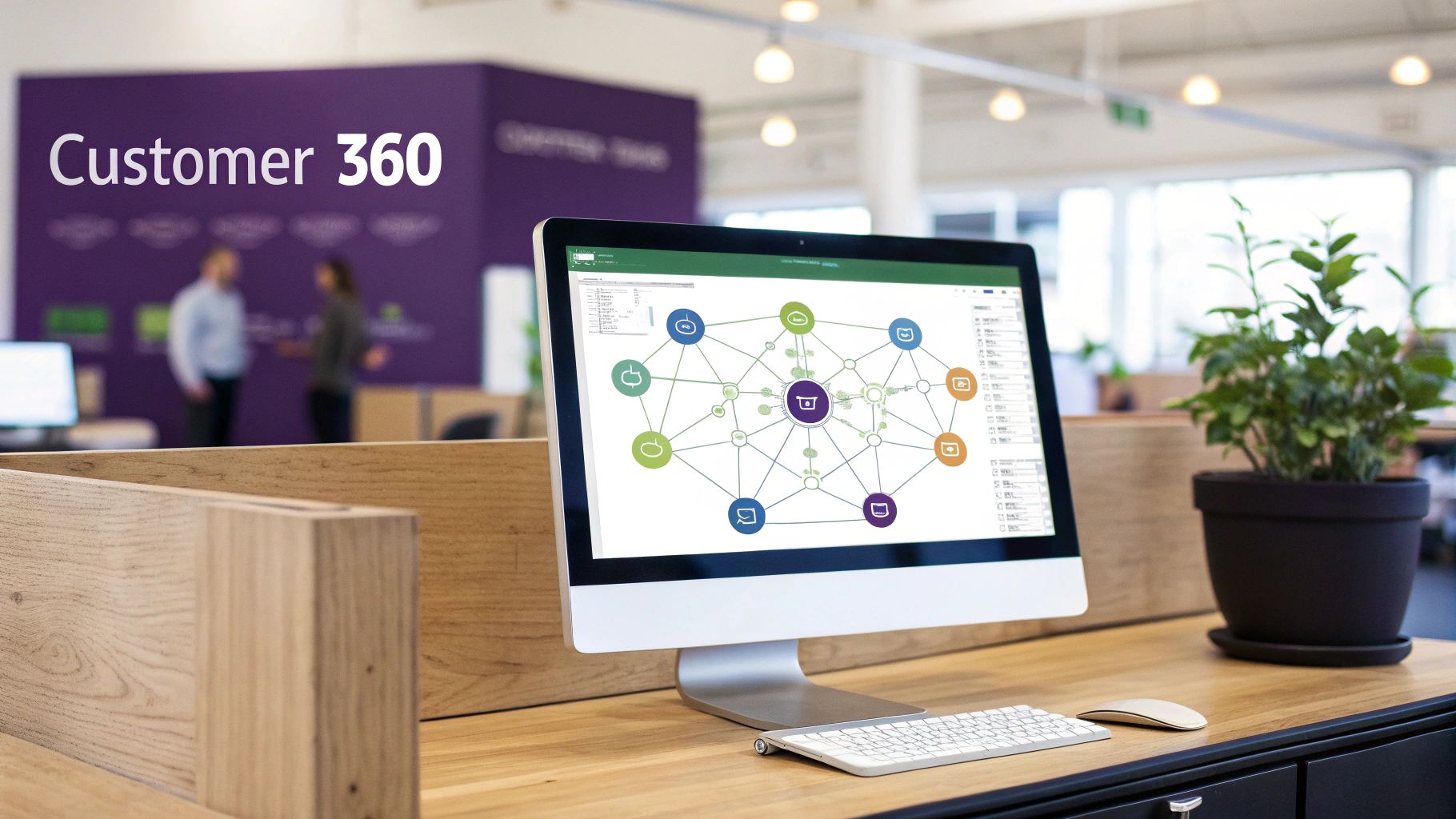 A desktop computer displays a 'Customer 360' network diagram in a modern office.