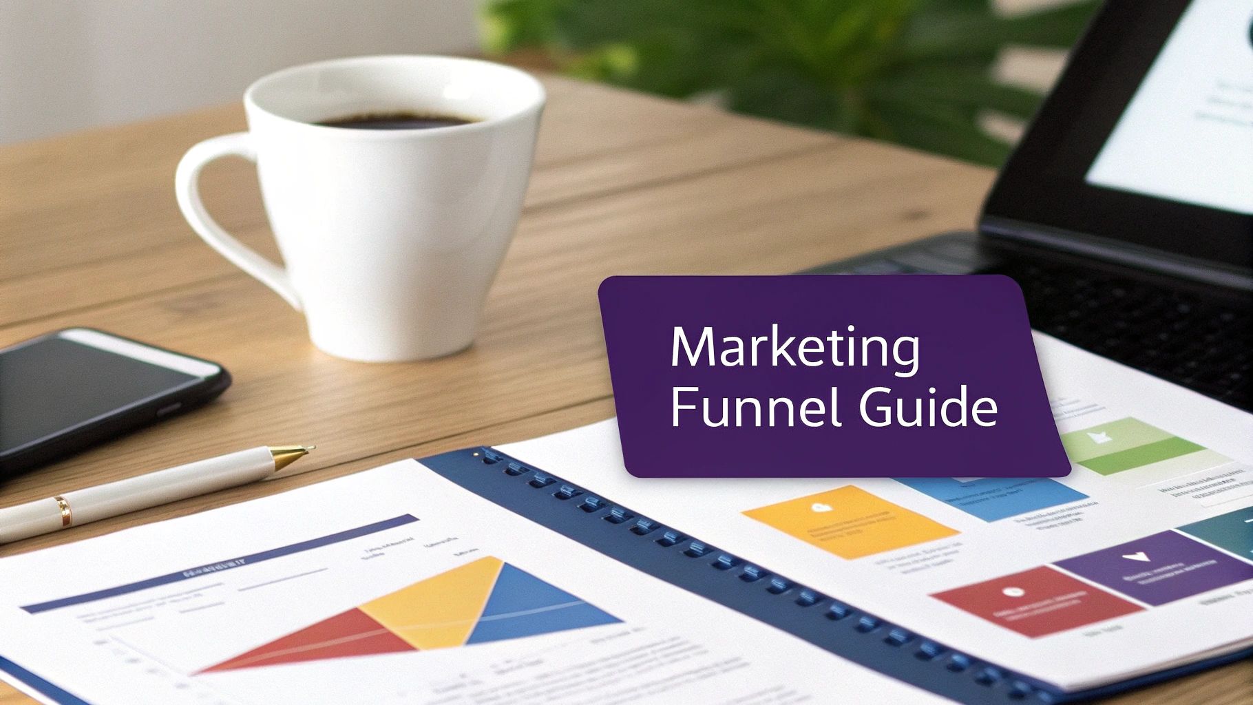 A modern workspace with a coffee cup, phone, and a document titled 'Marketing Funnel Guide'.