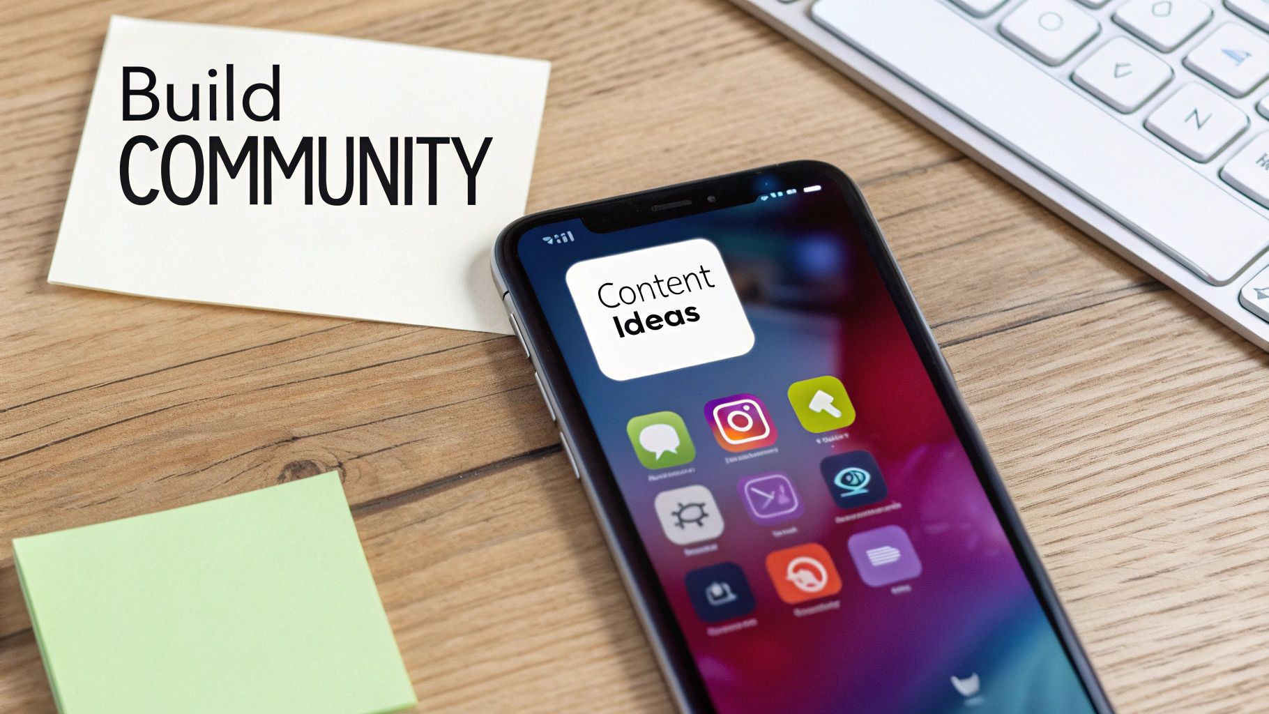 Smartphone displaying 'Content Ideas' and social media apps, next to a 'Build Community' note and keyboard on a wooden desk.