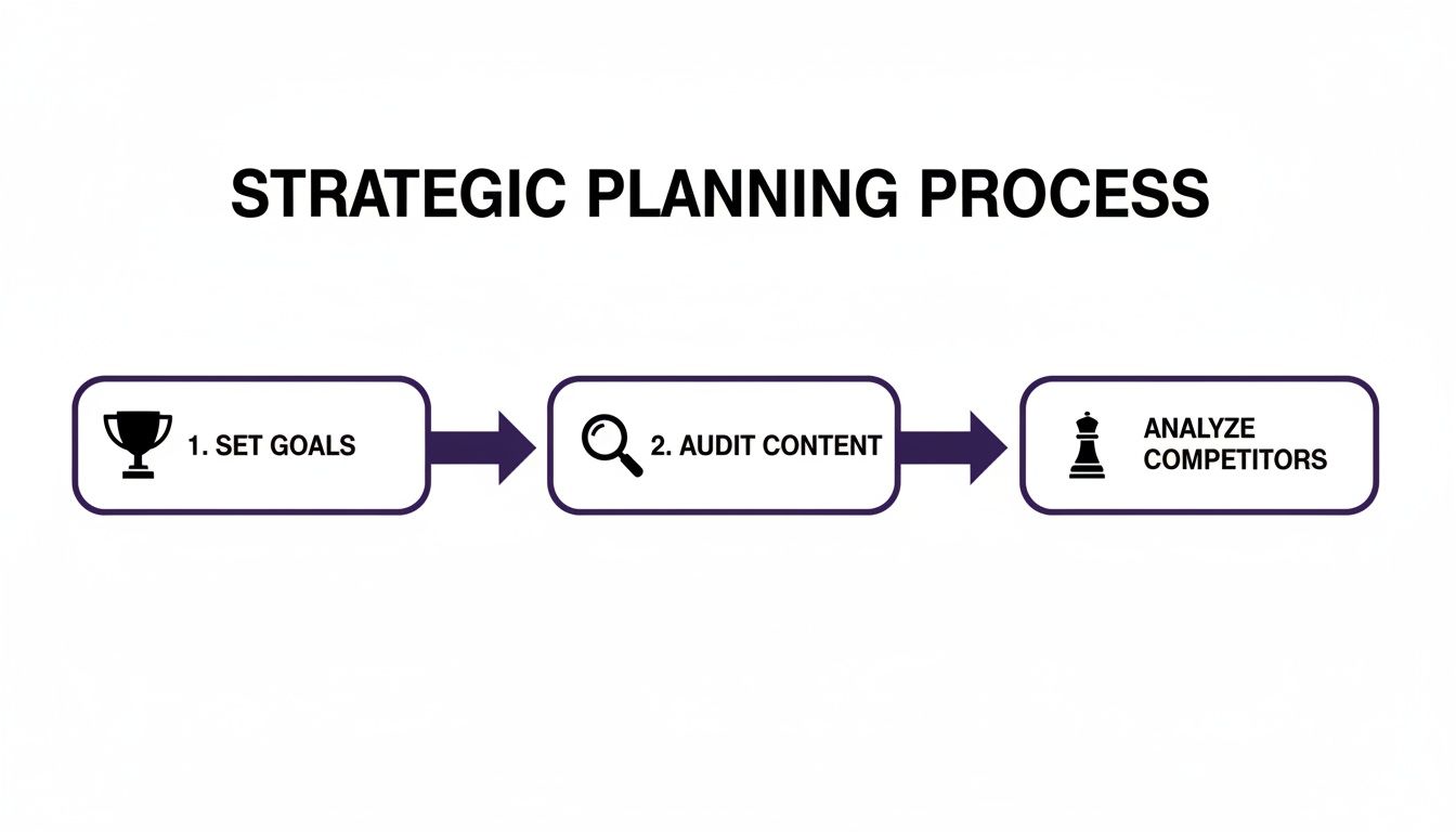 Diagram showing a strategic planning process with steps: Set Goals, Audit Content, and Analyze Competitors.