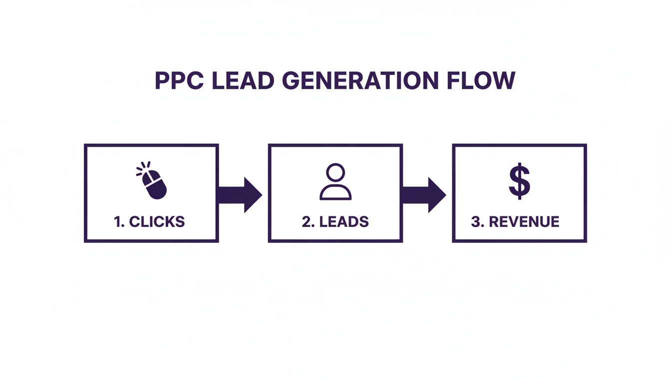 A flowchart visually explaining the PPC lead generation process, moving from clicks to leads to revenue.