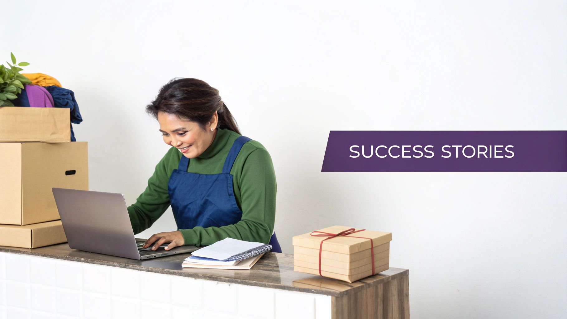 Smiling woman entrepreneur working on laptop with shipping boxes for online small business success stories