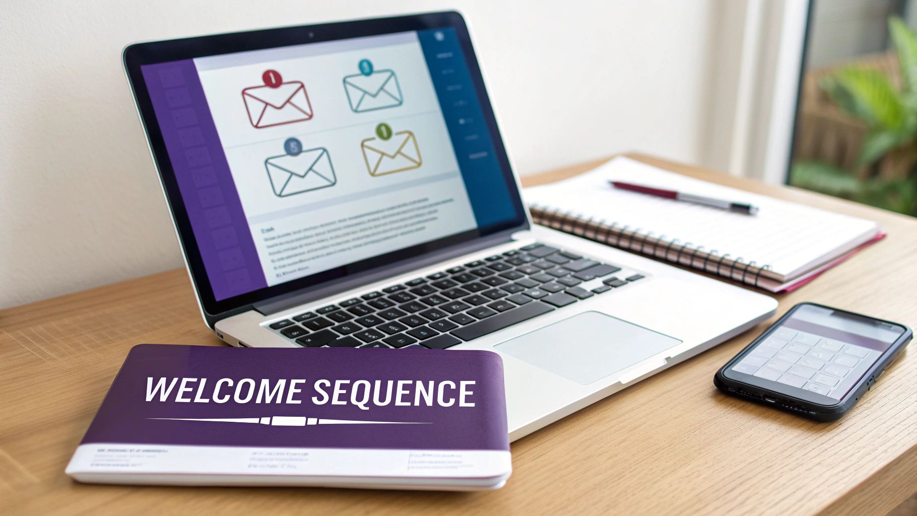 Laptop displaying an email interface with a 'Welcome Sequence' booklet, notebook, and smartphone on a desk.