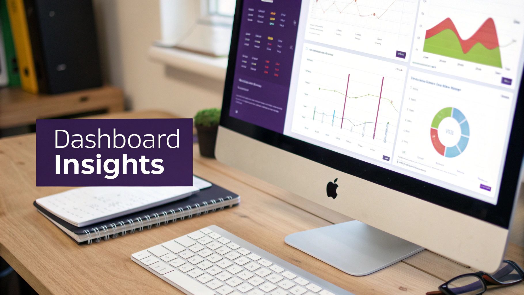 Desktop setup featuring an Apple iMac displaying marketing data dashboards and insights with graphs and charts.