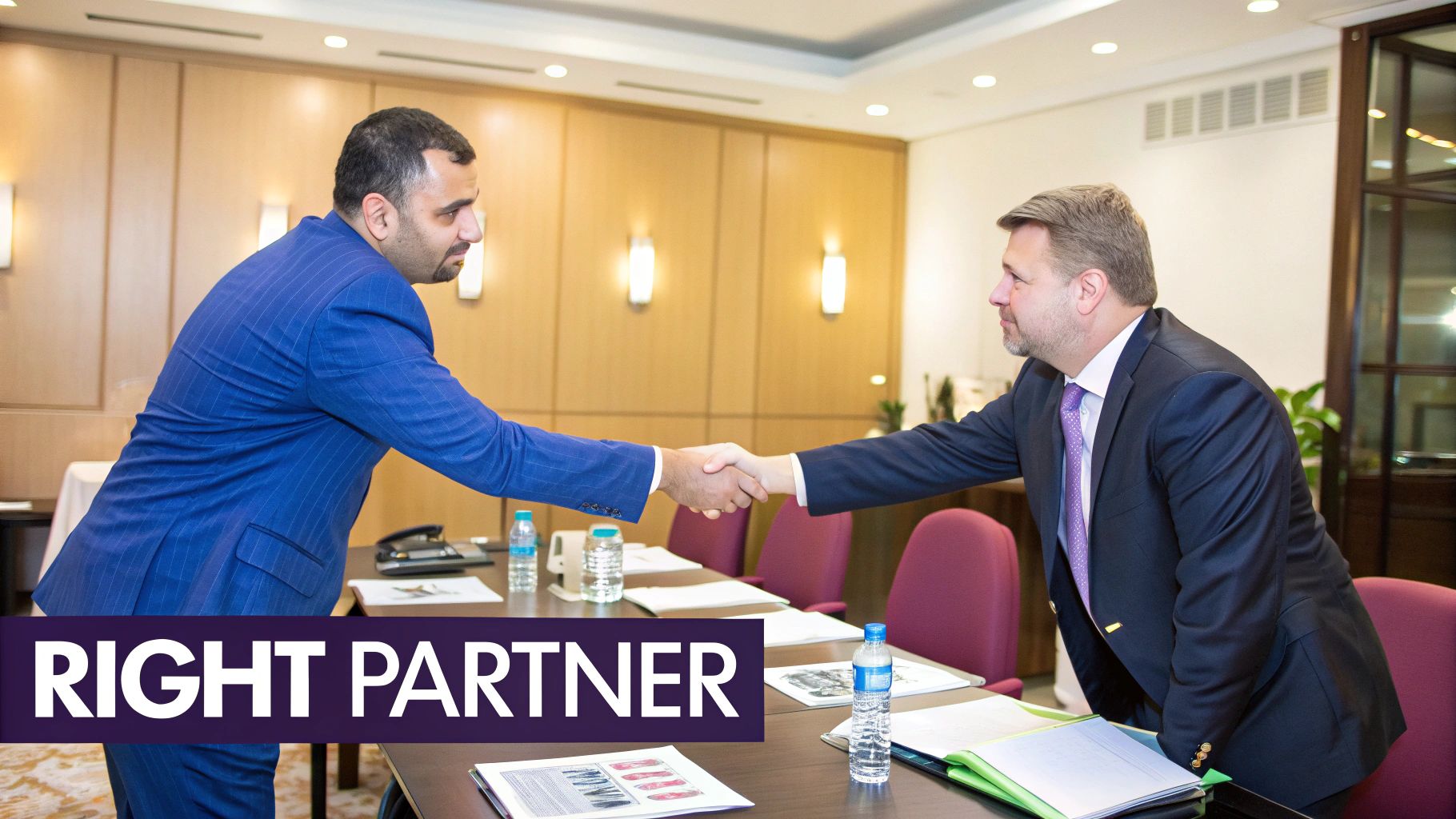 Two business professionals shaking hands in a modern office setting, signifying a new partnership.
